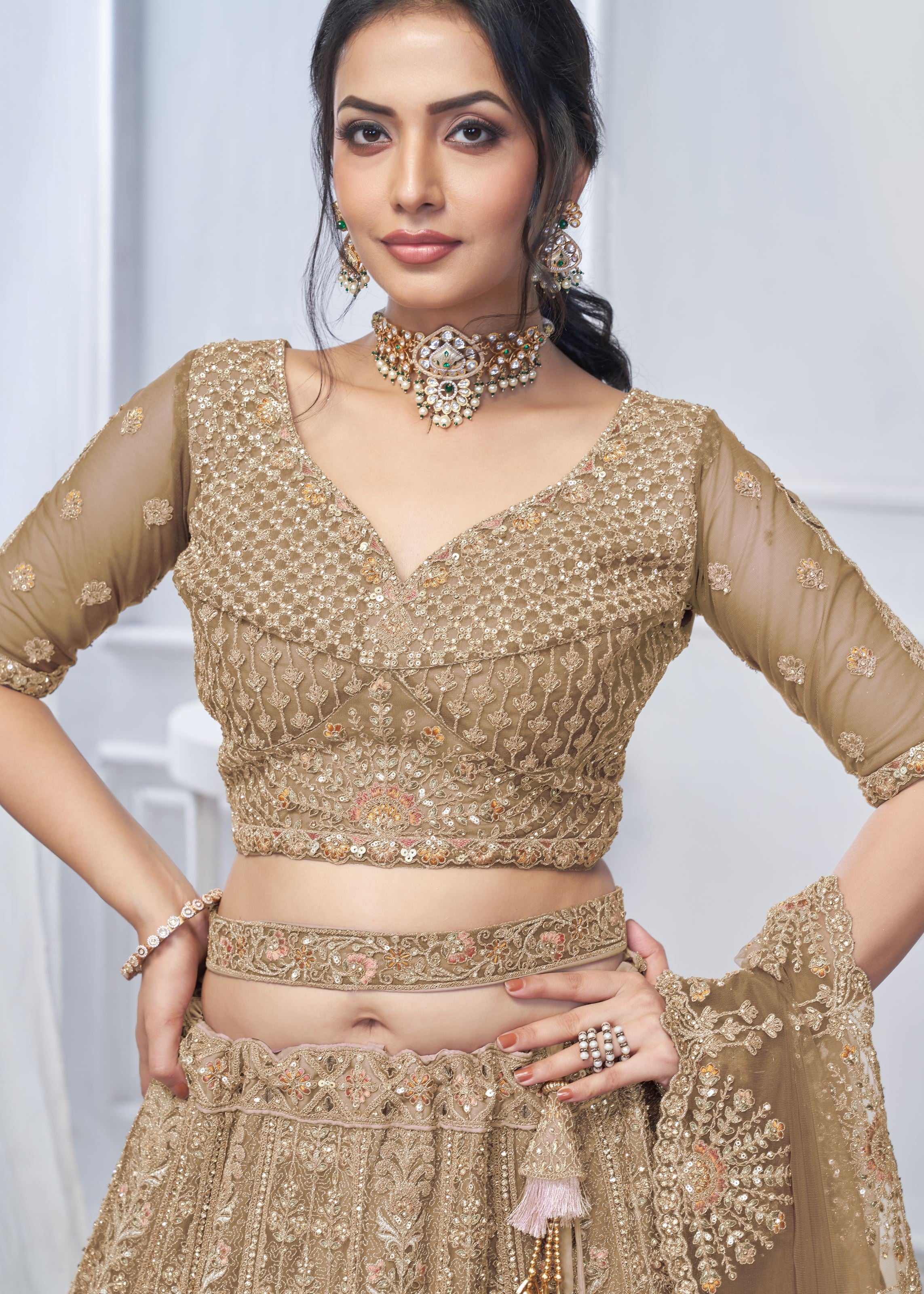 Brown Lehenga Choli With Paisley And Peacock Motifs & Heavy Embroidery