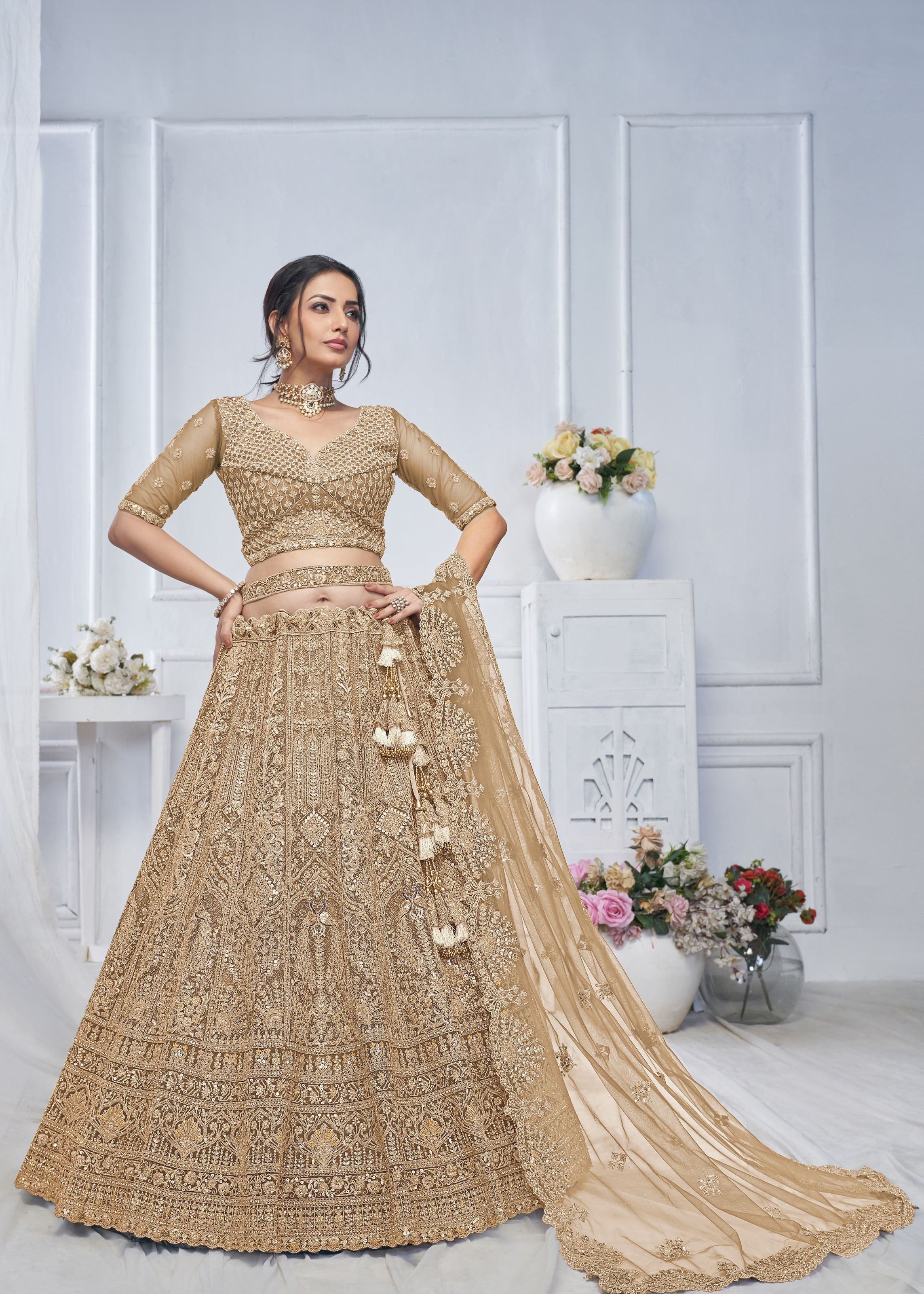 Brown Lehenga Choli With Paisley And Peacock Motifs & Heavy Embroidery