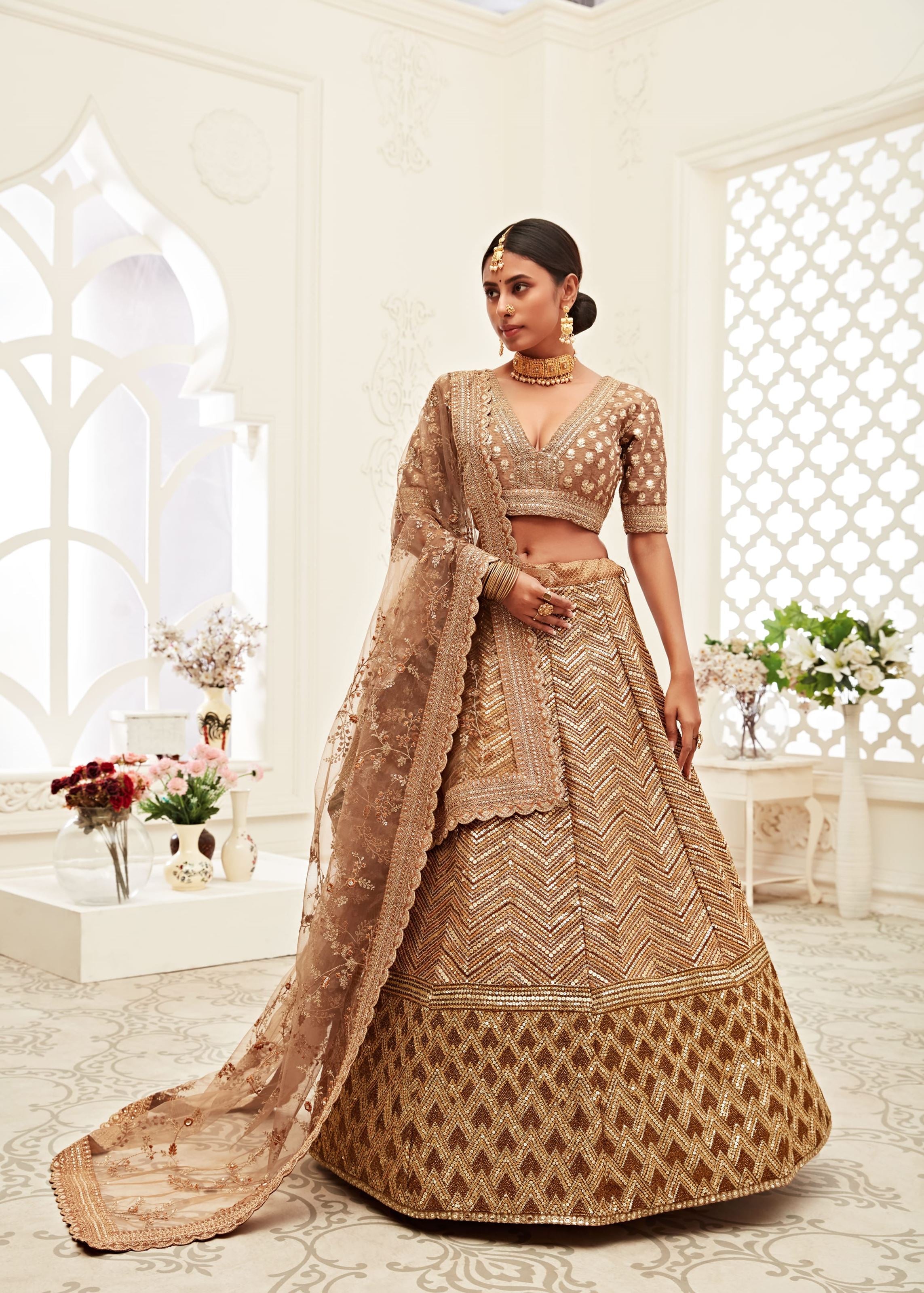 Brown Lehenga Choli With Thread, Zari, Dori And Sequins Embroidery Work