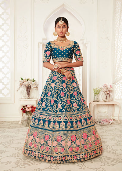 Blue Lehenga Choli With Thread, Zari, Dori And Sequins Embroidery Work