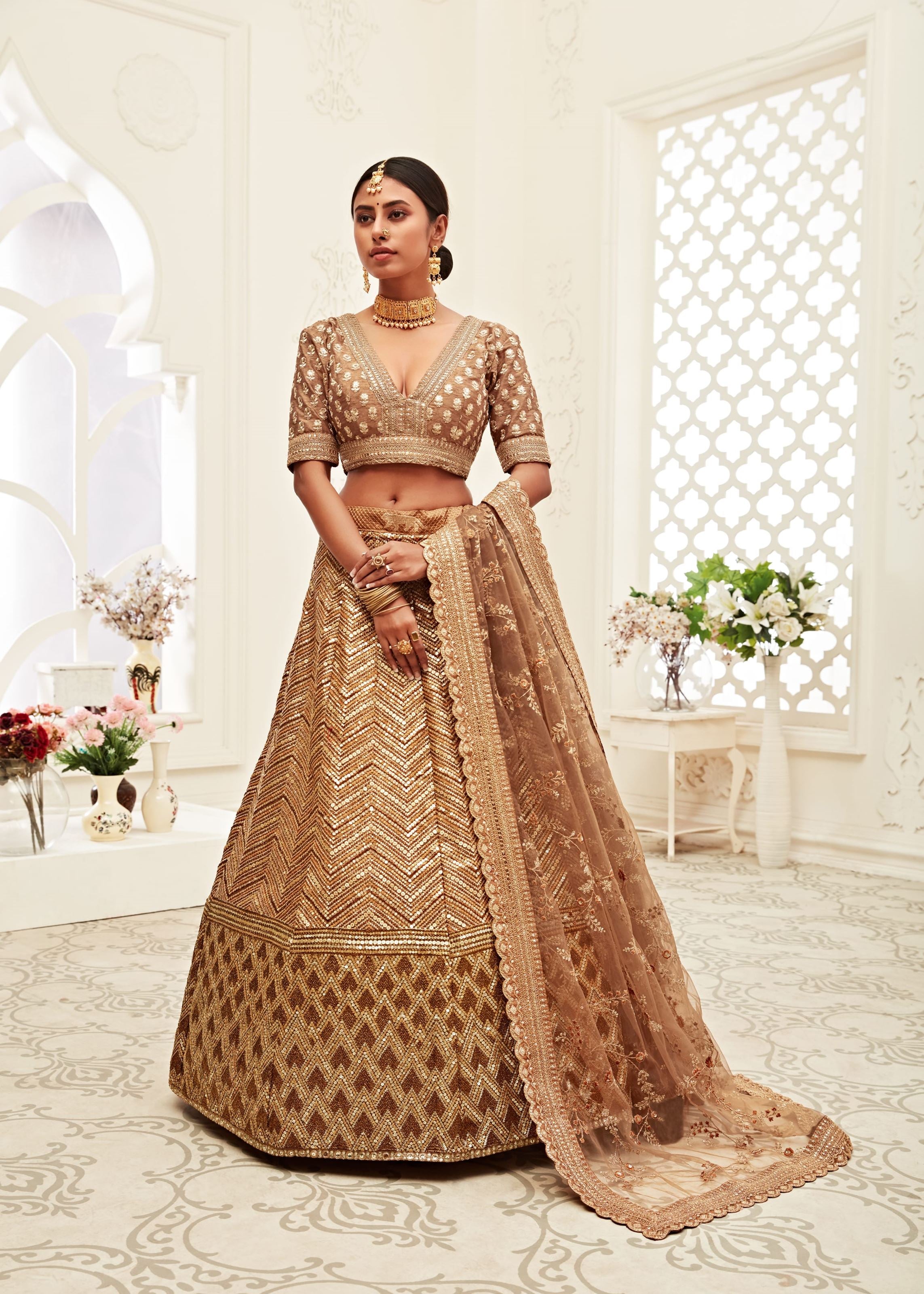 Brown Lehenga Choli With Thread, Zari, Dori And Sequins Embroidery Work