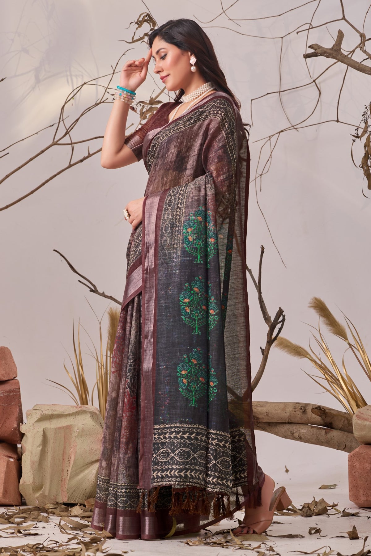 Brown Linen Cotton Saree with Digital Print