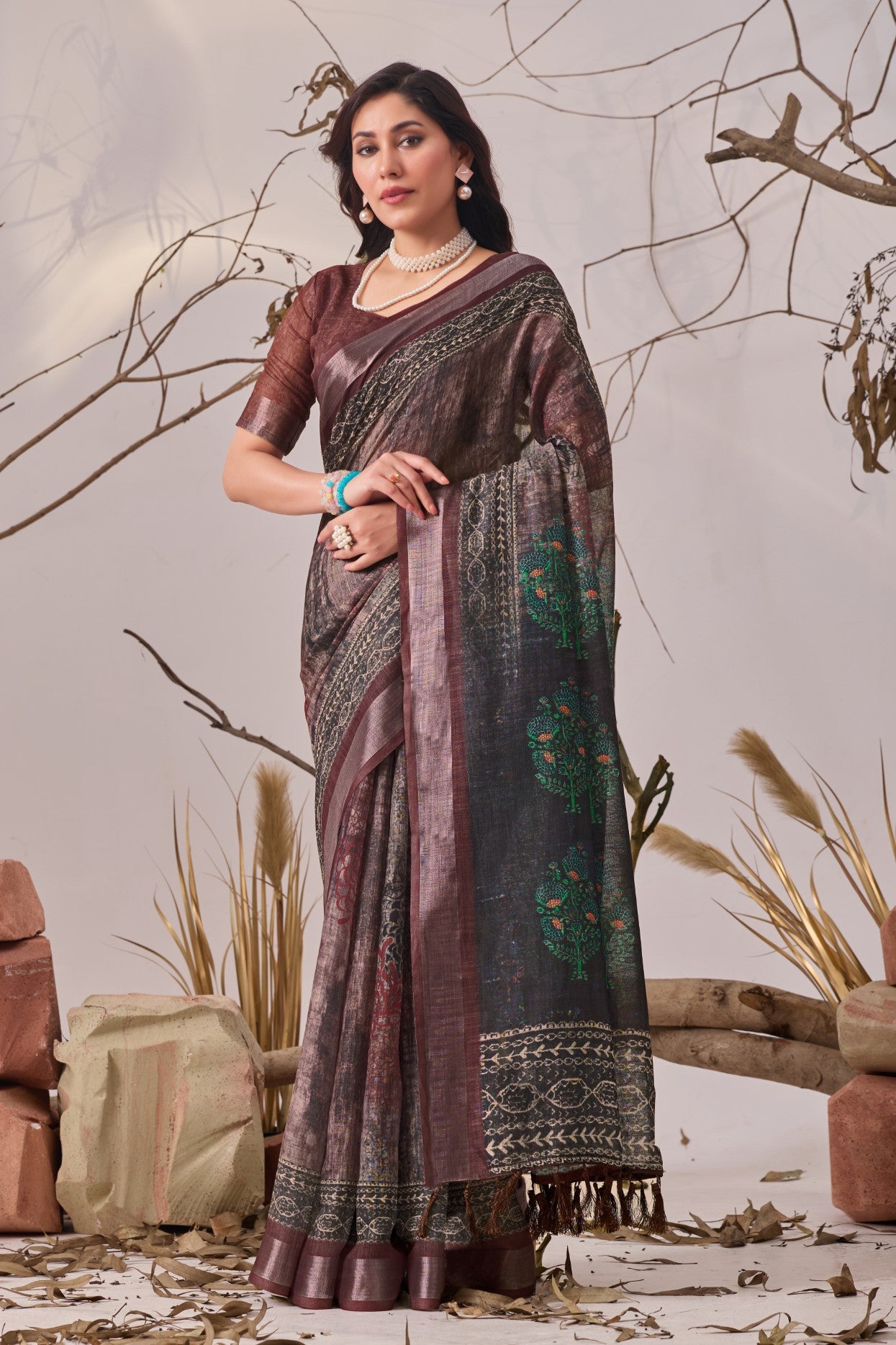 Brown Linen Cotton Saree with Digital Print