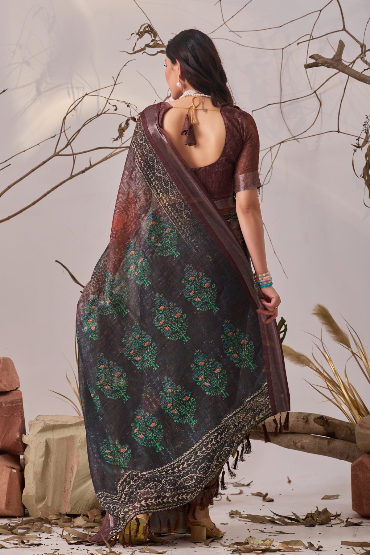 Brown Linen Cotton Saree with Digital Print