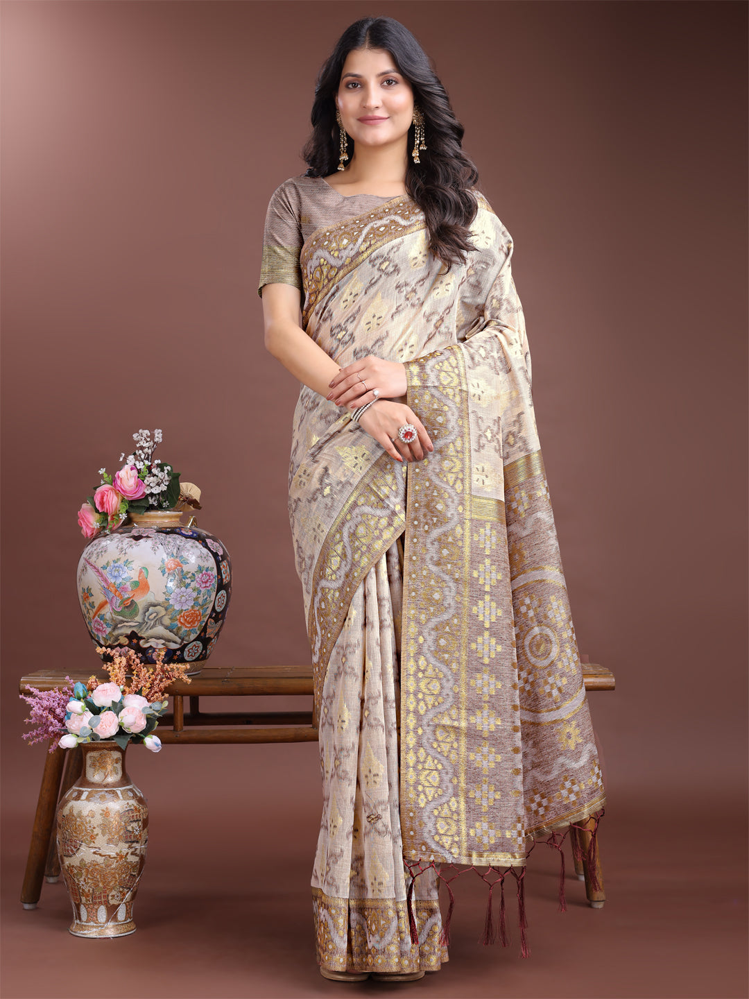 Brown Linen Cotton Woven Jacquard Designer Beautiful Traditional Saree