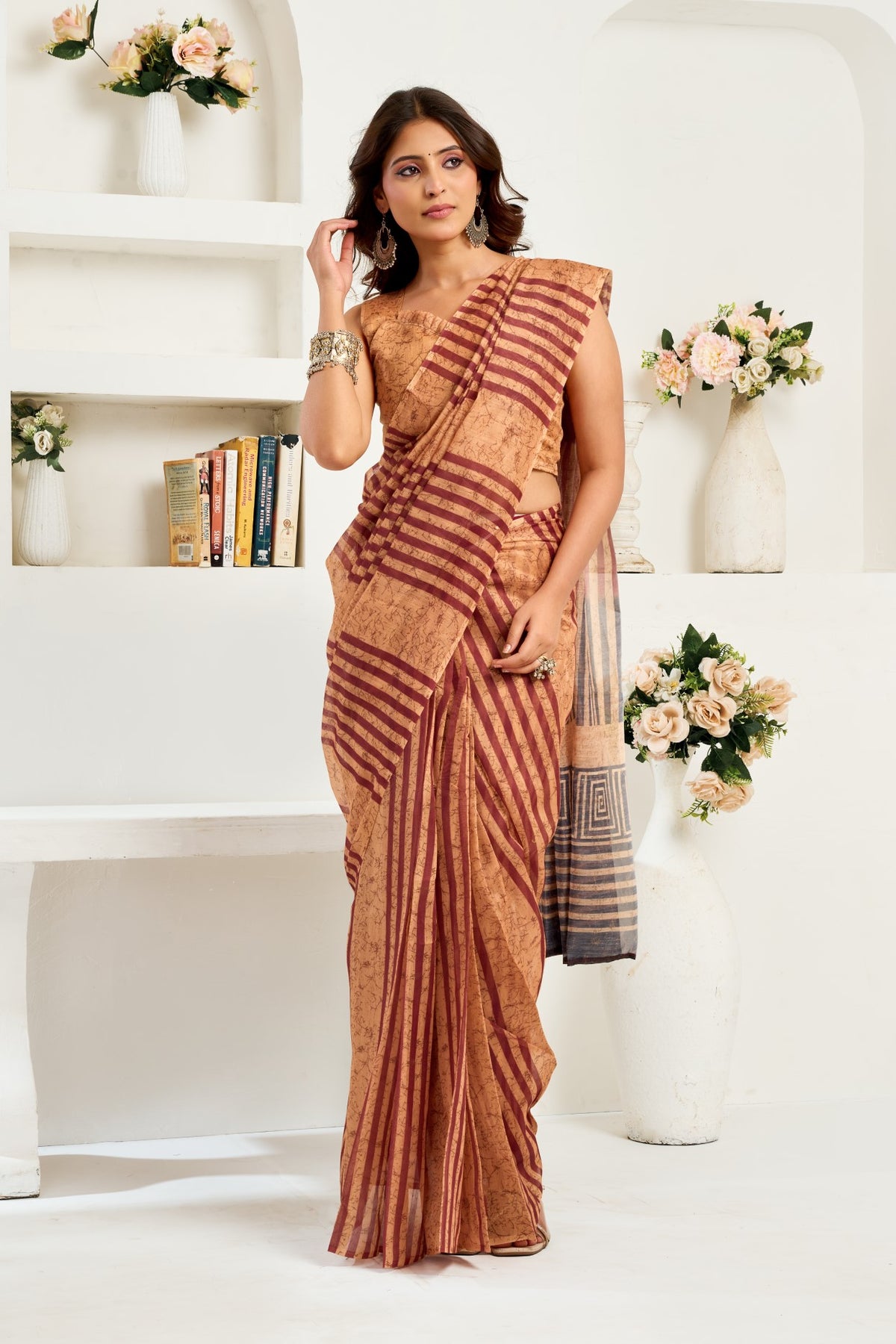 Brown Linen Ready To Wear Saree With Zari Border Printed