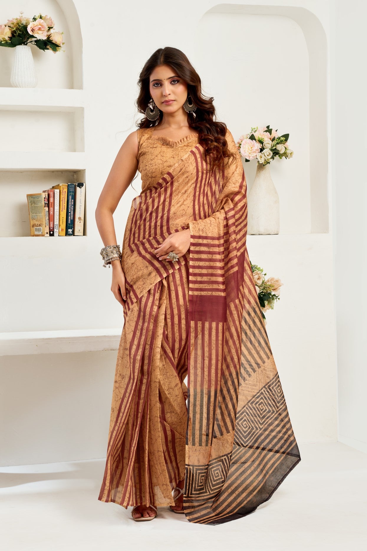 Brown Linen Ready To Wear Saree With Zari Border Printed