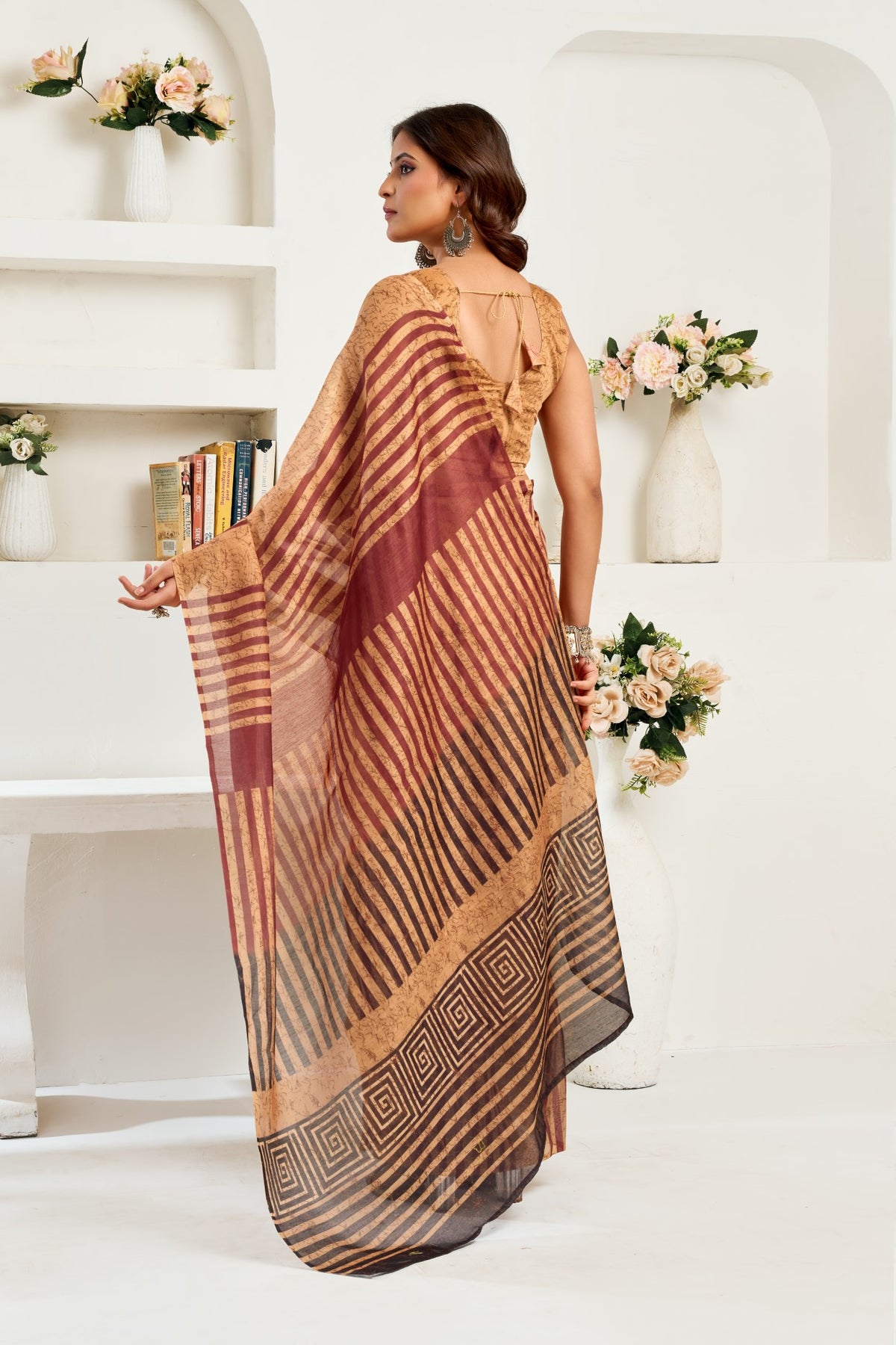 Brown Linen Ready To Wear Saree With Zari Border Printed