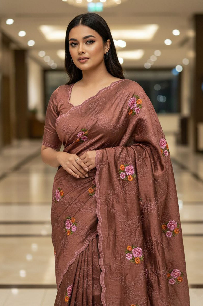 Brown Manipuri Silk Saree with Heavy Thread & Sequins Work
