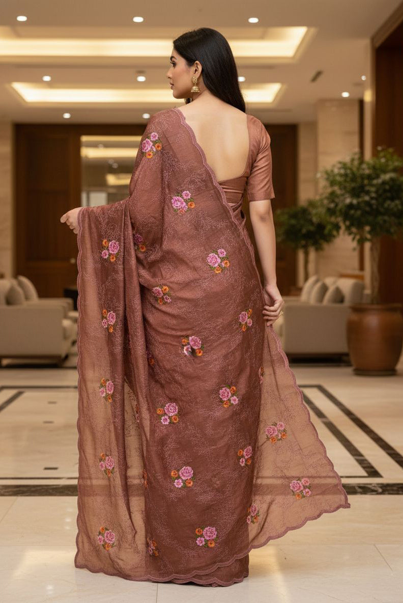Brown Manipuri Silk Saree with Heavy Thread & Sequins Work