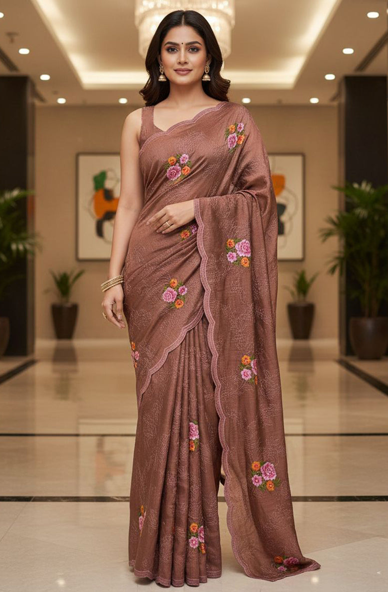Brown Manipuri Silk Saree with Heavy Thread & Sequins Work