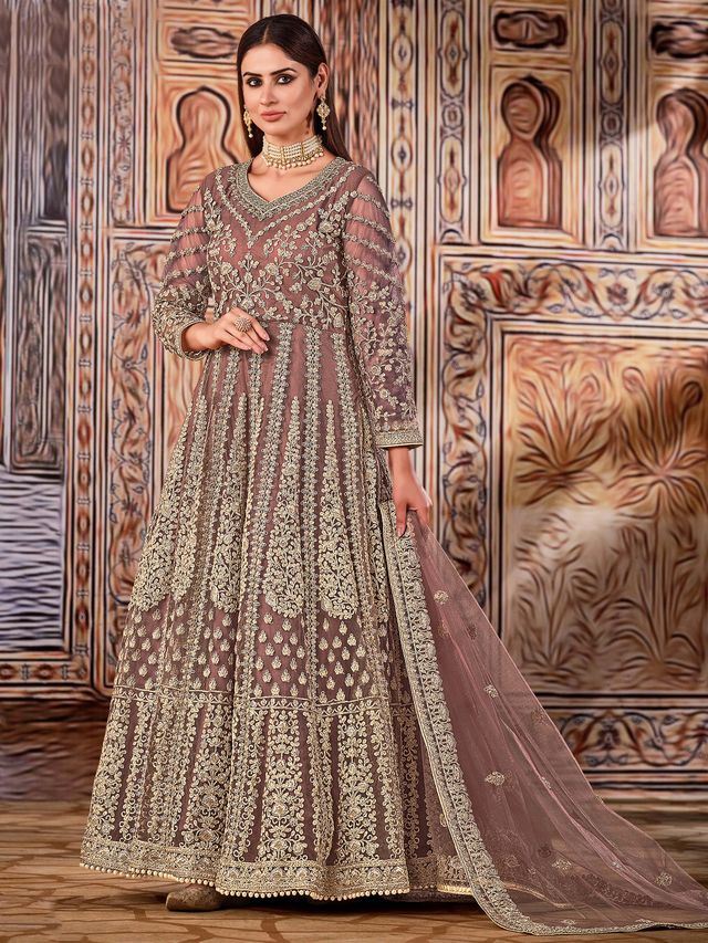 Brown Net Heavy Thread Embroidery And Zari Work  Anarkali Suits