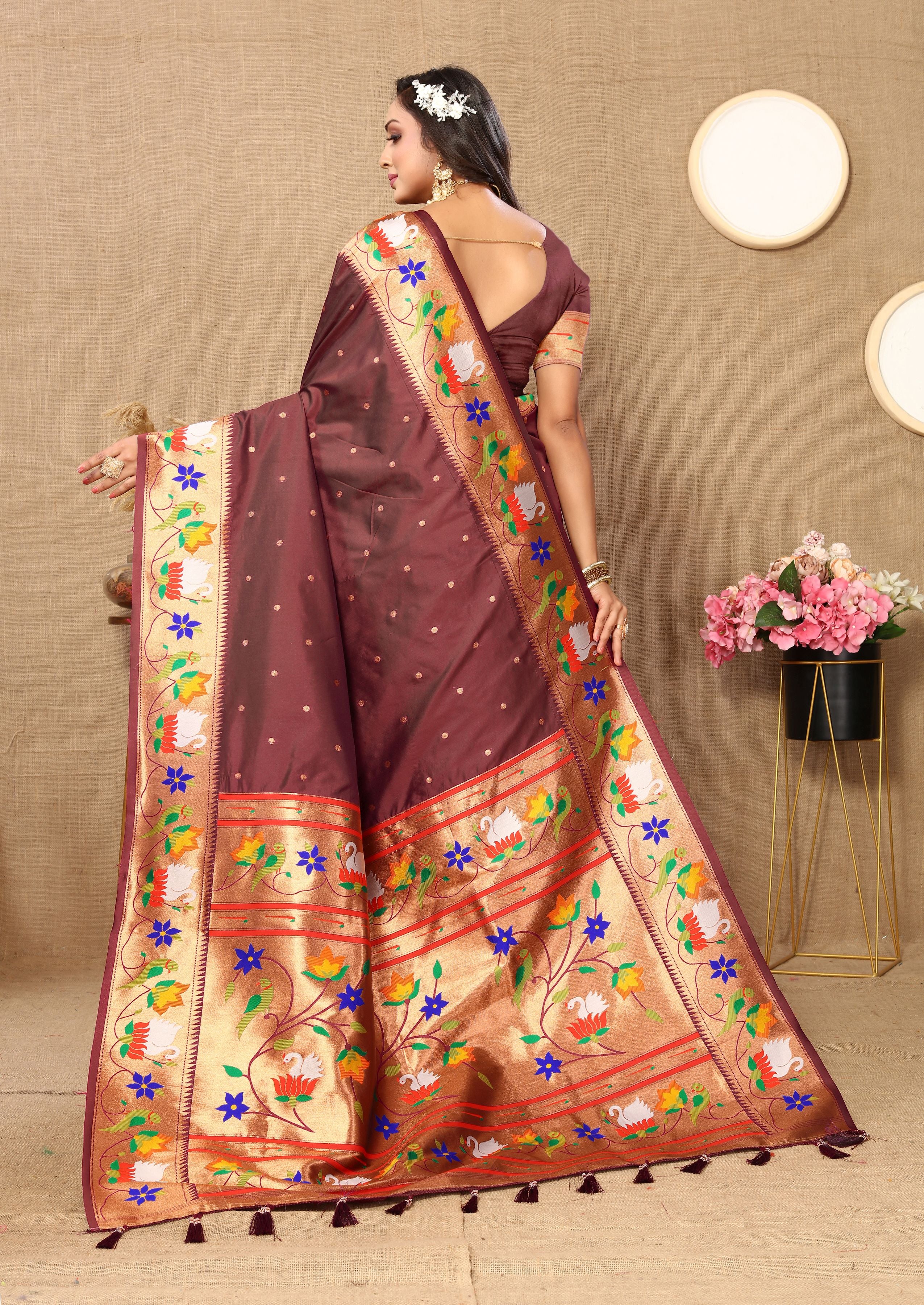 Brown Paithani Silk Woven Meenakari Paithani Designer Ethnic Heavy Looks Saree
