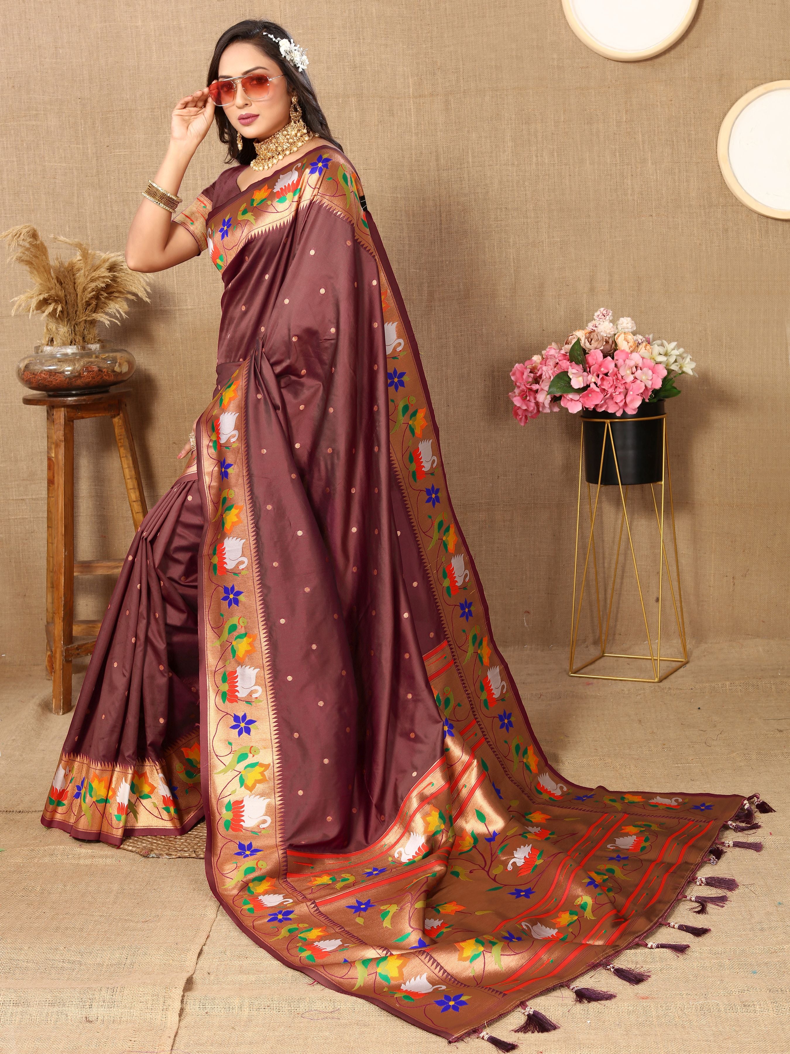 Brown Paithani Silk Woven Meenakari Paithani Designer Ethnic Heavy Looks Saree