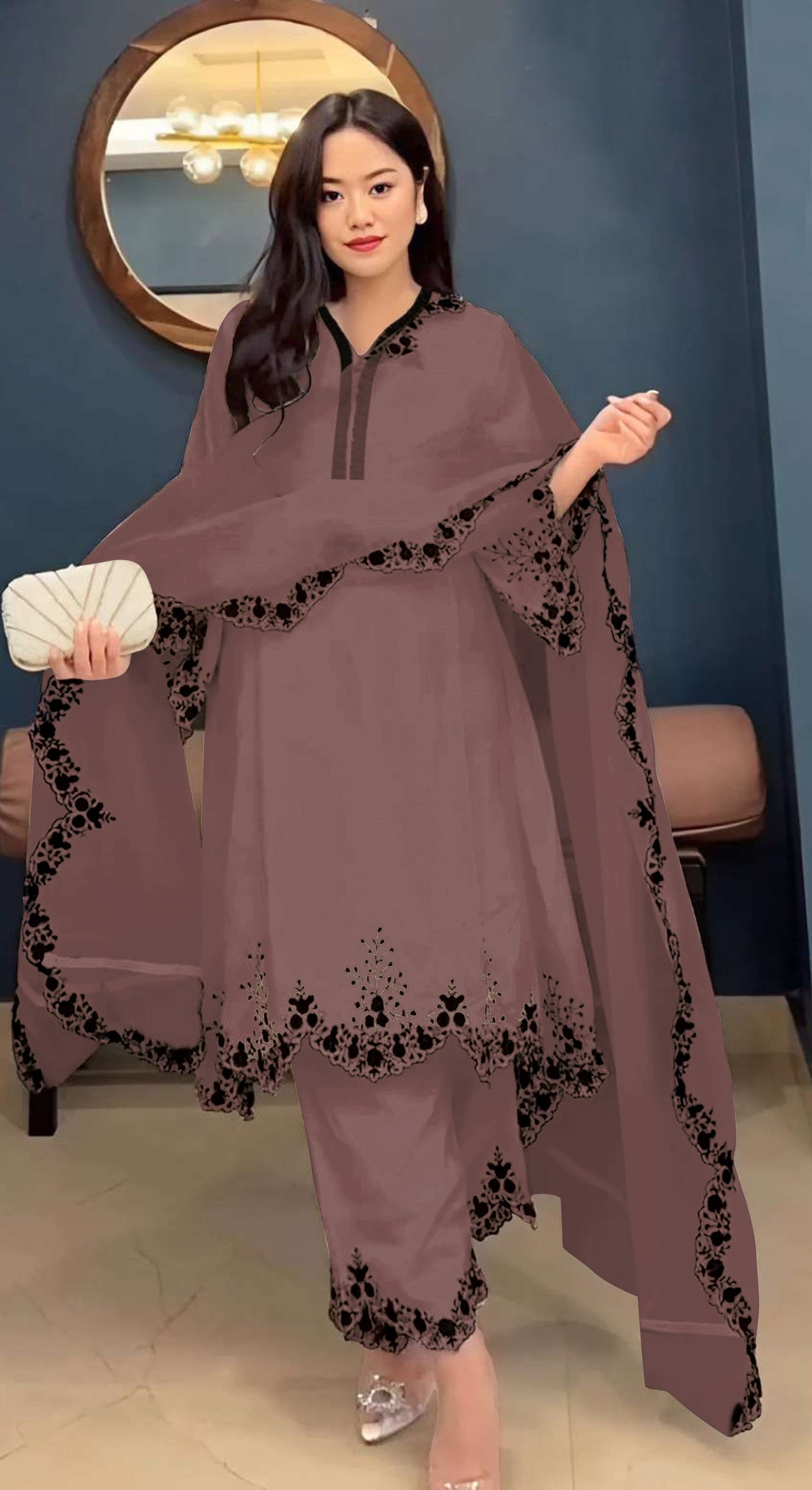 Brown Pakistani Salwar Suit With Heavy Embroidery Work Brown Pakistani Salwar Suit With Heavy Embroidery Work