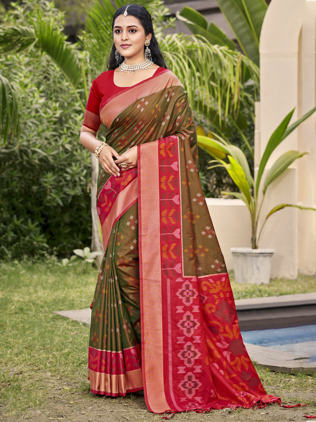 Brown Pochampalli Silk Woven Designer Ethnic Partywear Saree