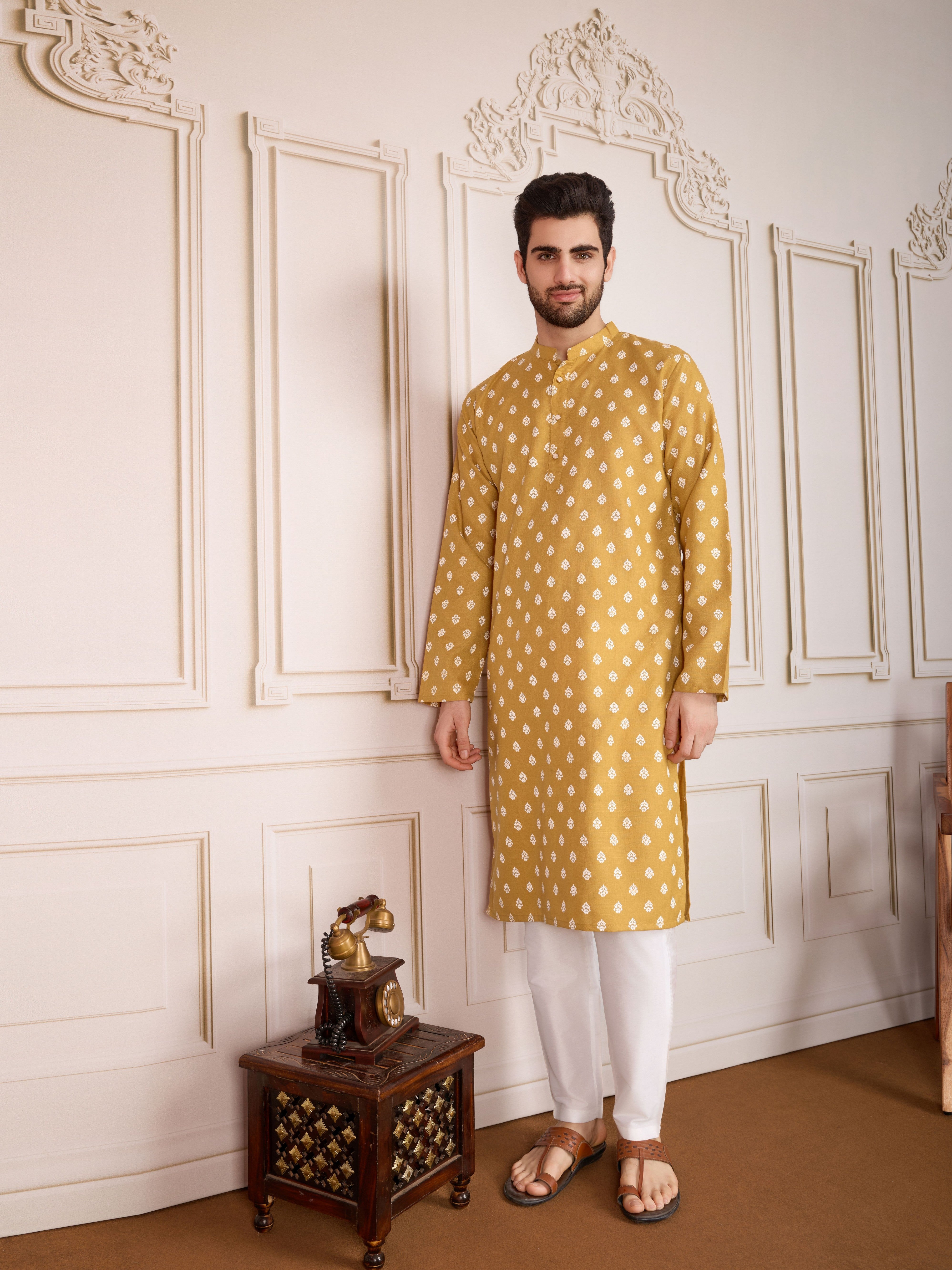 Brown Printed Cotton Stylish Kurta Pajama