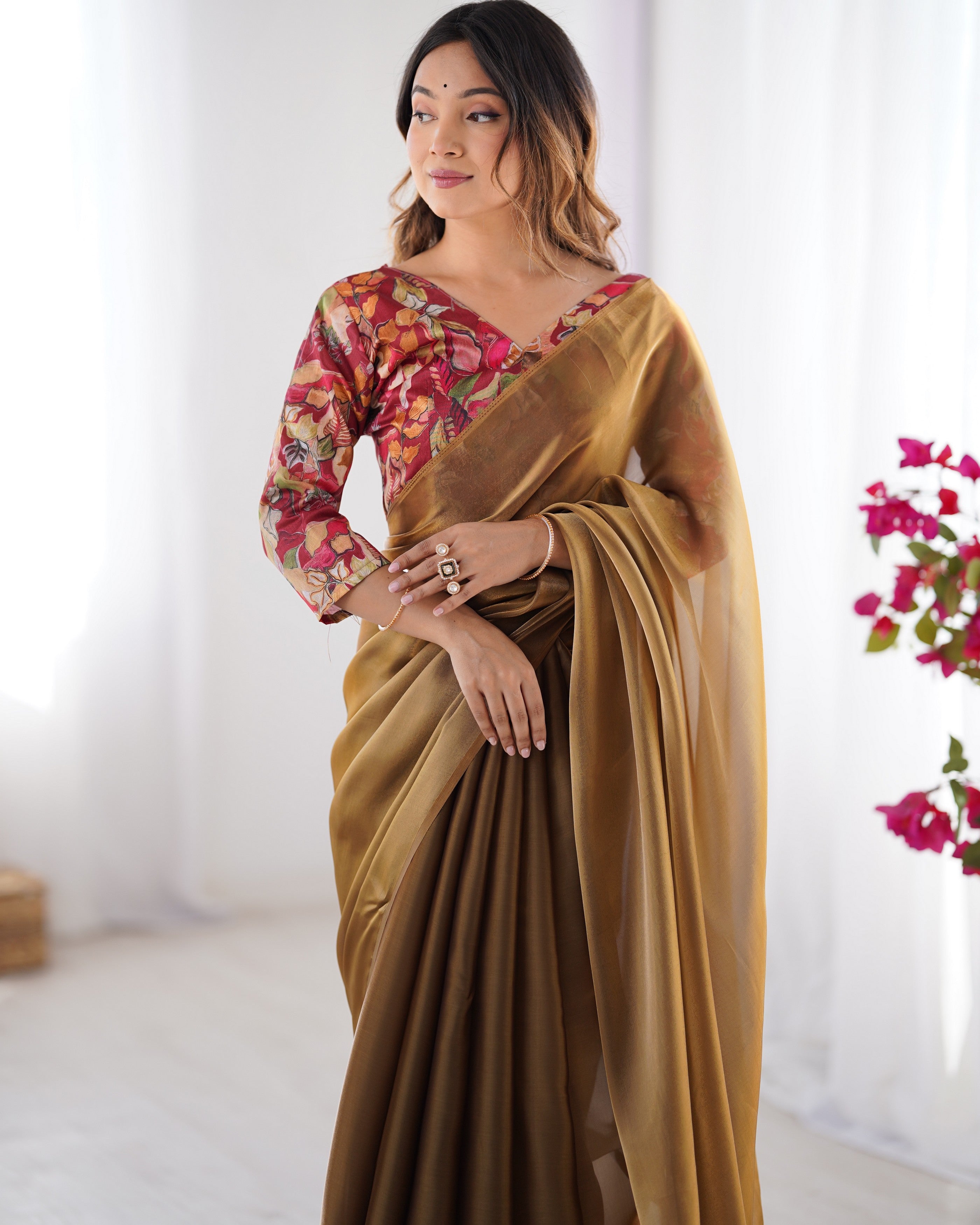 Brown Rangoli Designer Printed With Swarovski Work Partywear Saree