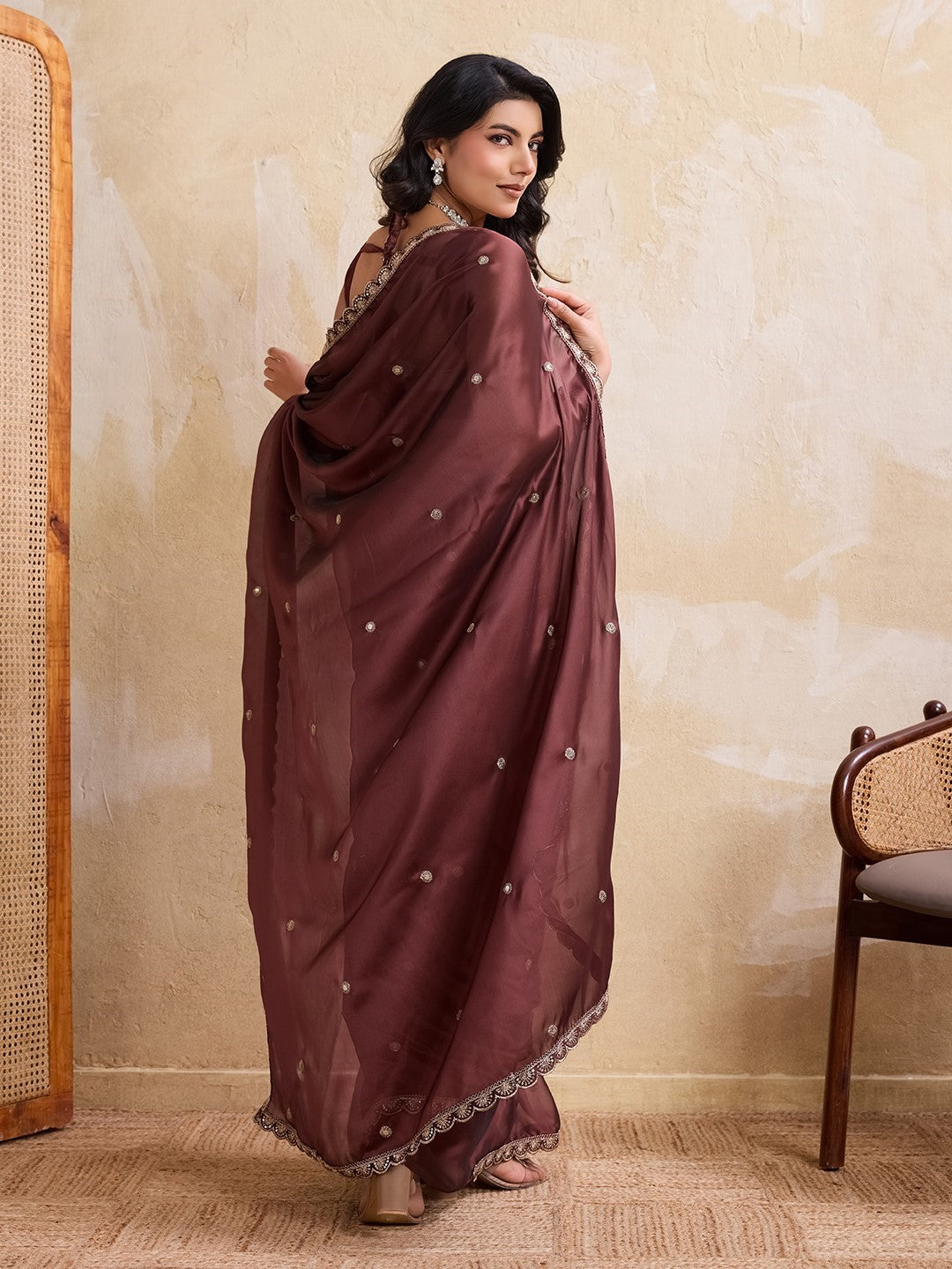 Brown Rangoli Silk Saree With Embroidery Classic Premium Saree