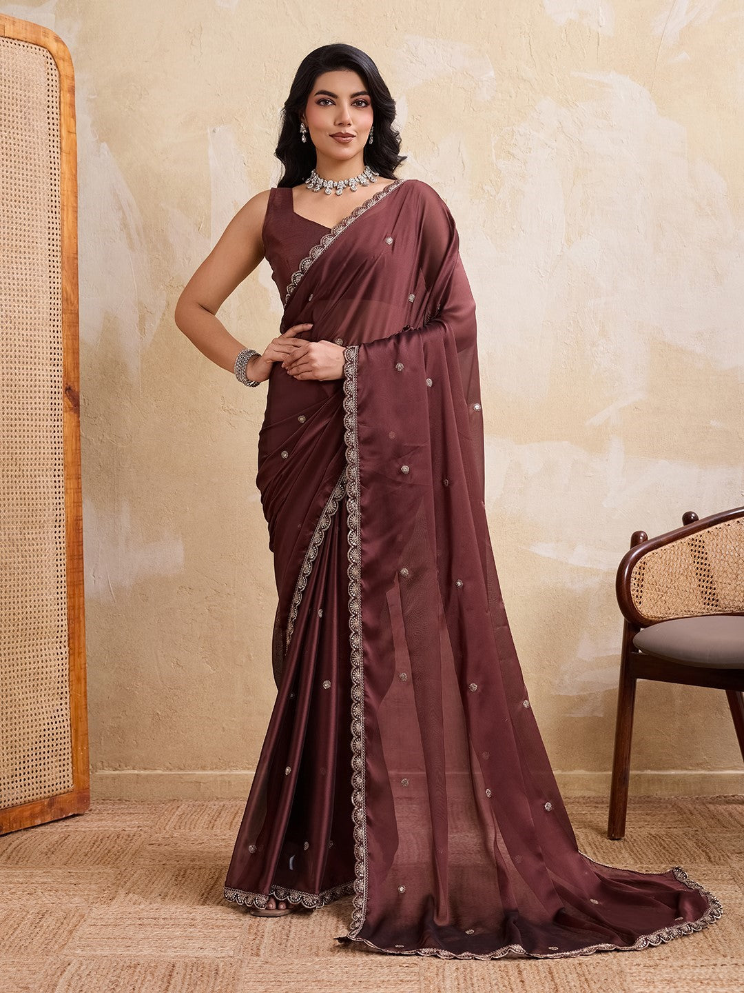 Brown Rangoli Silk Saree With Embroidery Classic Premium Saree