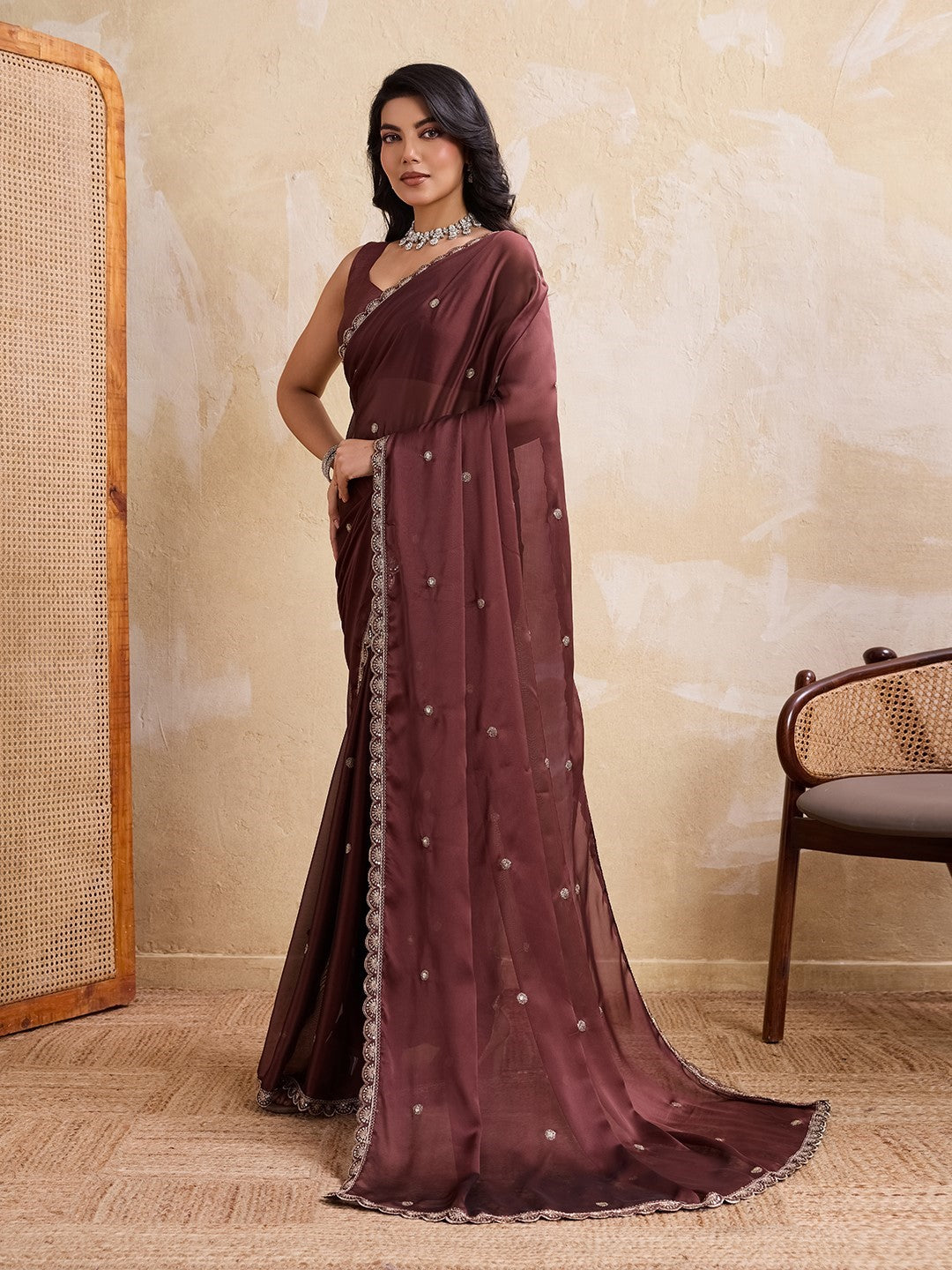 Brown Rangoli Silk Saree With Embroidery Classic Premium Saree