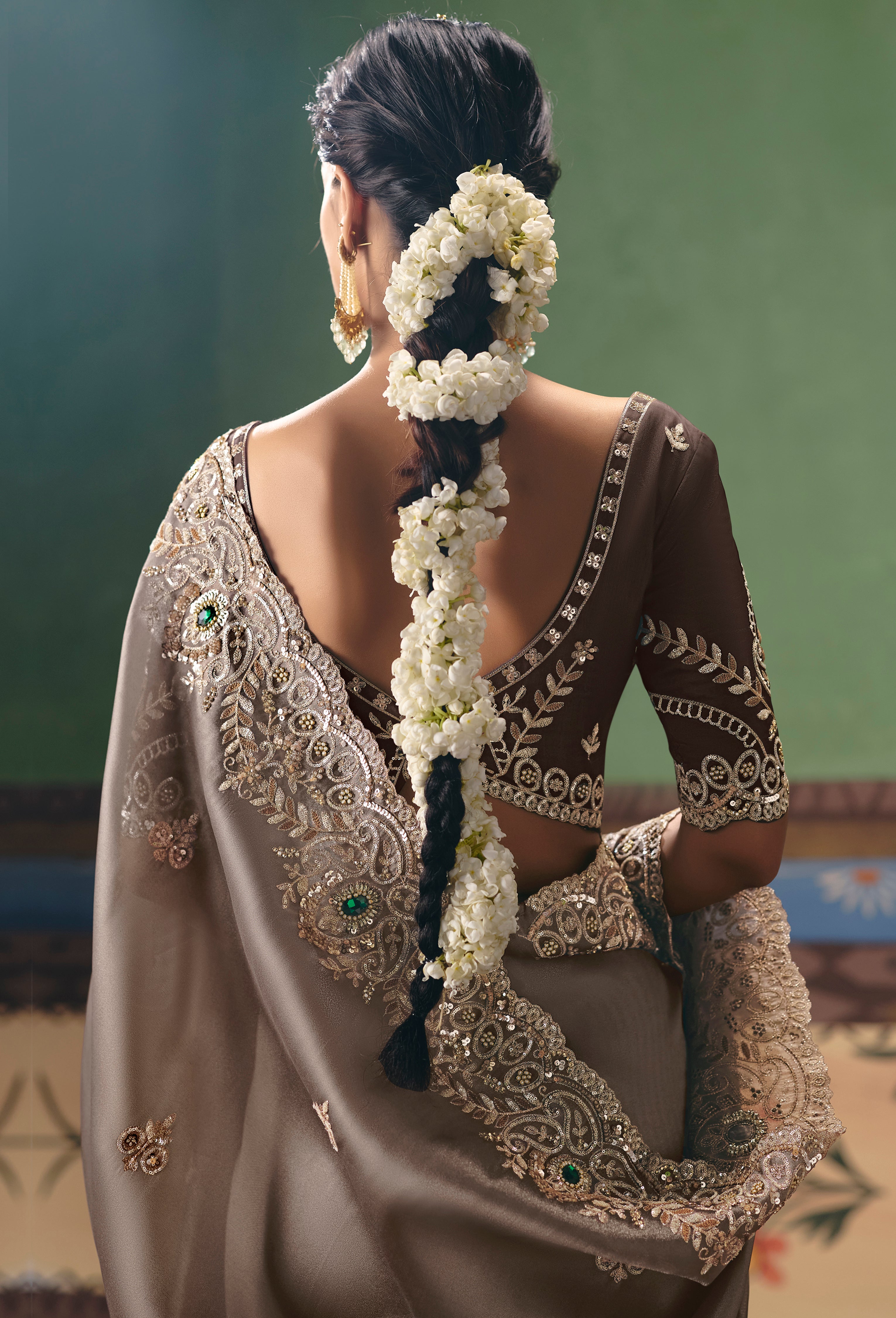 Brown Saree With  Heavy Designer Embroidery, Sequince, Stone, Pearl With Beads Work