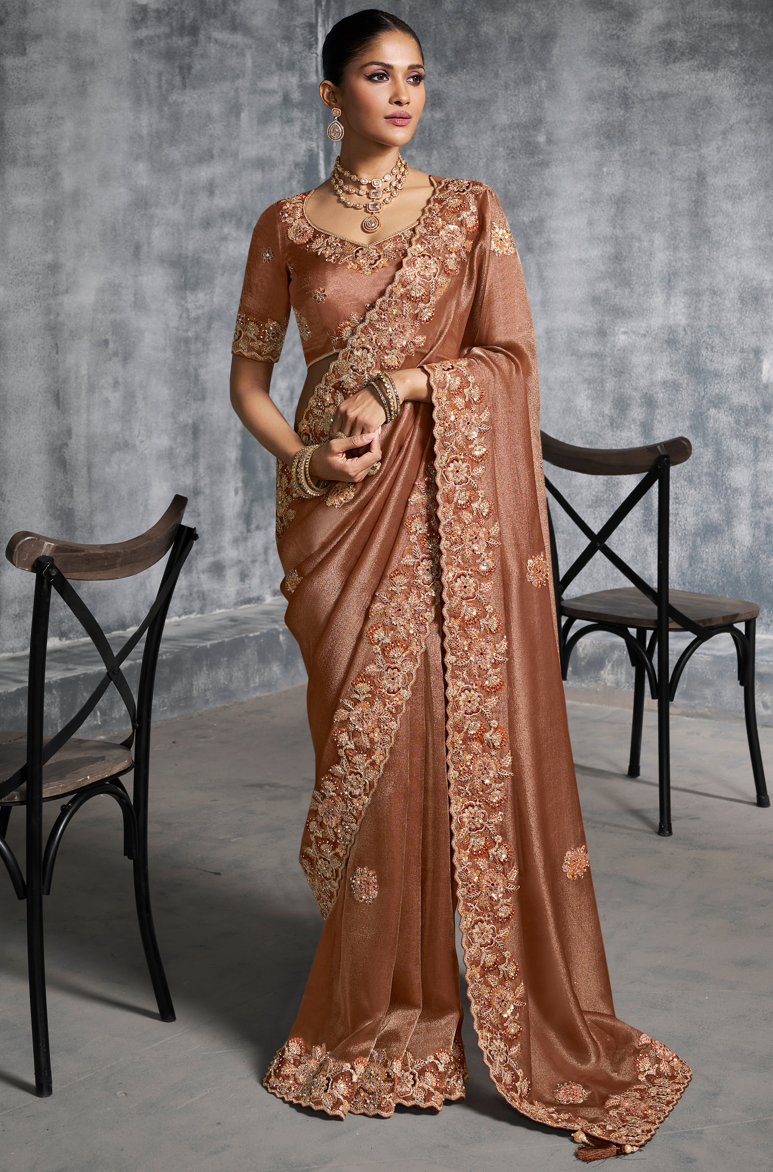 Brown Saree With  Thread Embroidery Work ,Hand-Finished Stone & Mirror work With Embroidery Blouse