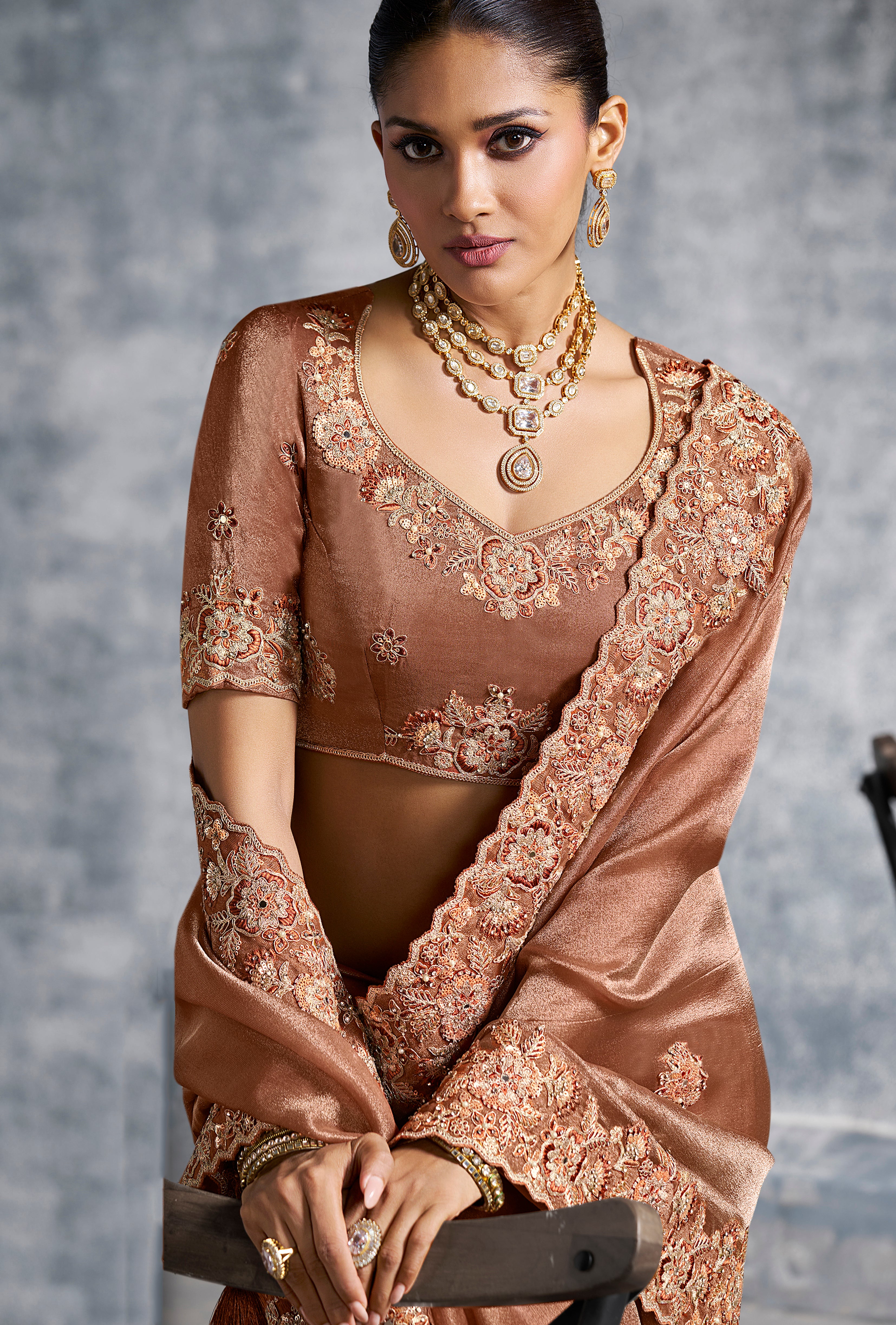 Brown Saree With  Thread Embroidery Work ,Hand-Finished Stone & Mirror work With Embroidery Blouse