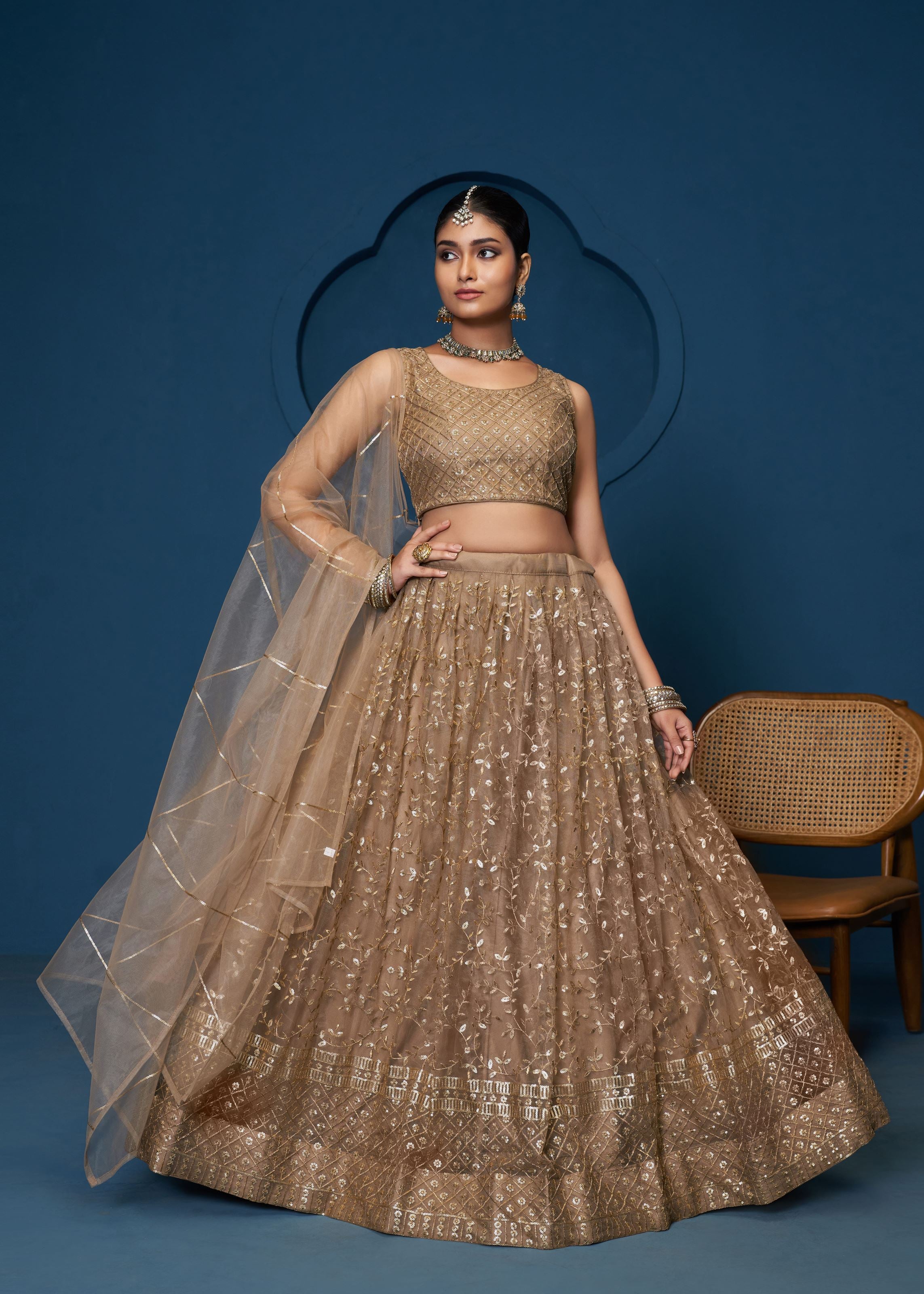 Brown Sequence Zari Embroidery Work Lehenga Choli