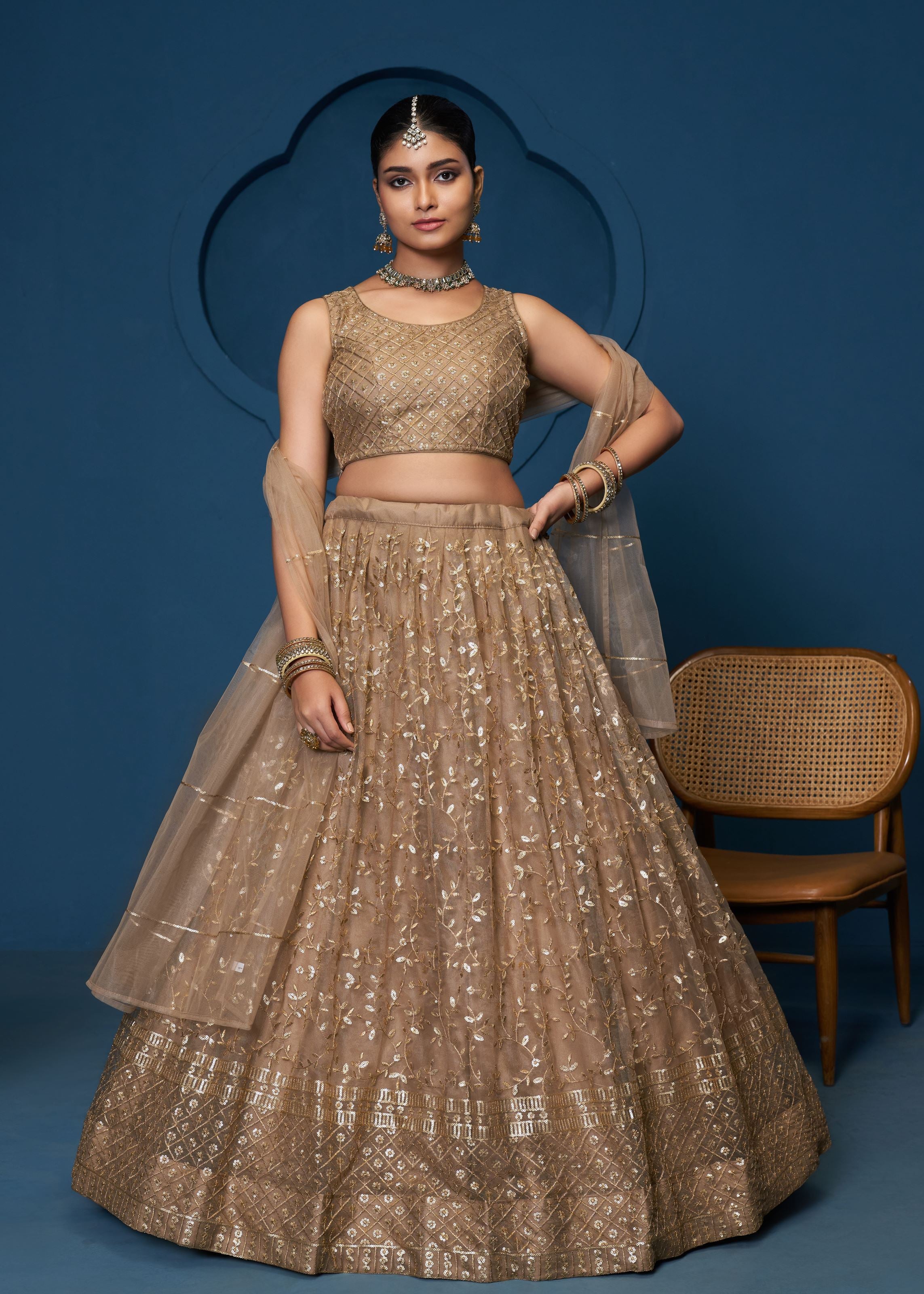 Brown Sequence Zari Embroidery Work Lehenga Choli