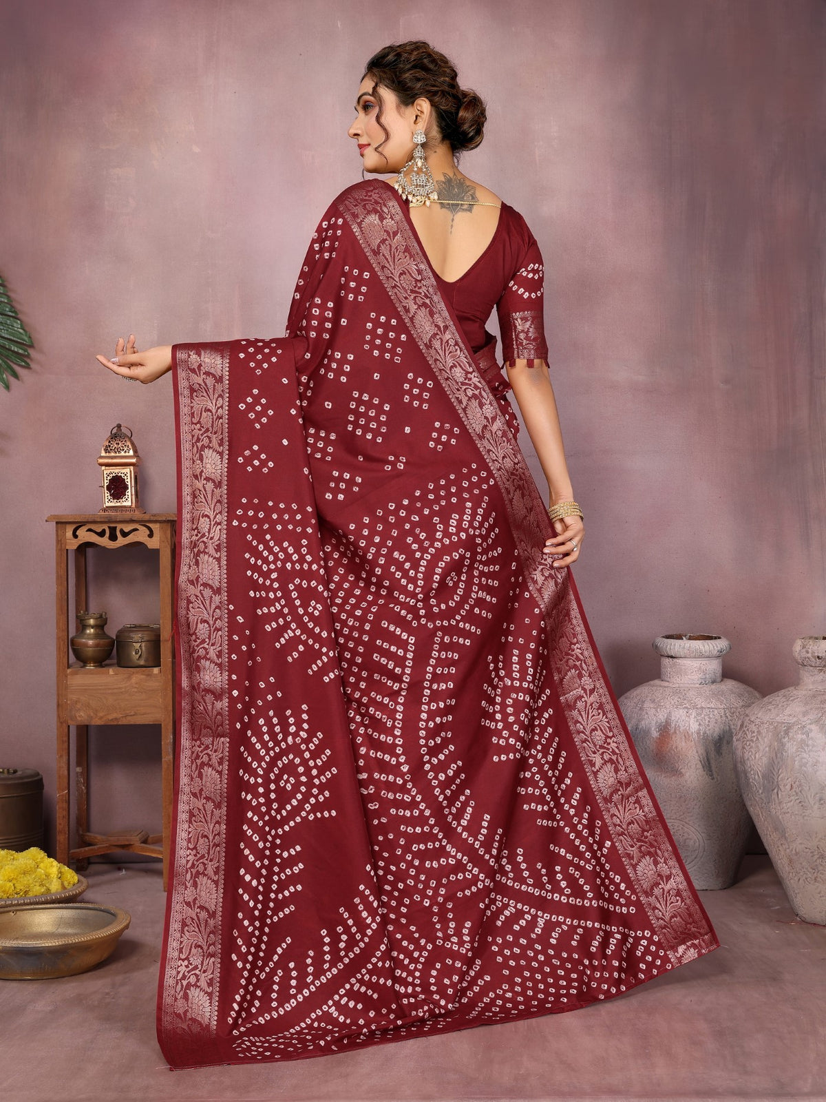 Brown Silk Saree With Bandhej And Premium Zari Weaving