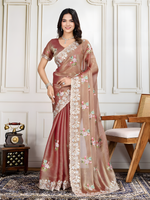 Brown Soft Crunchy silk Saree with Digital Print with  Thred Sequins Embroidery Work