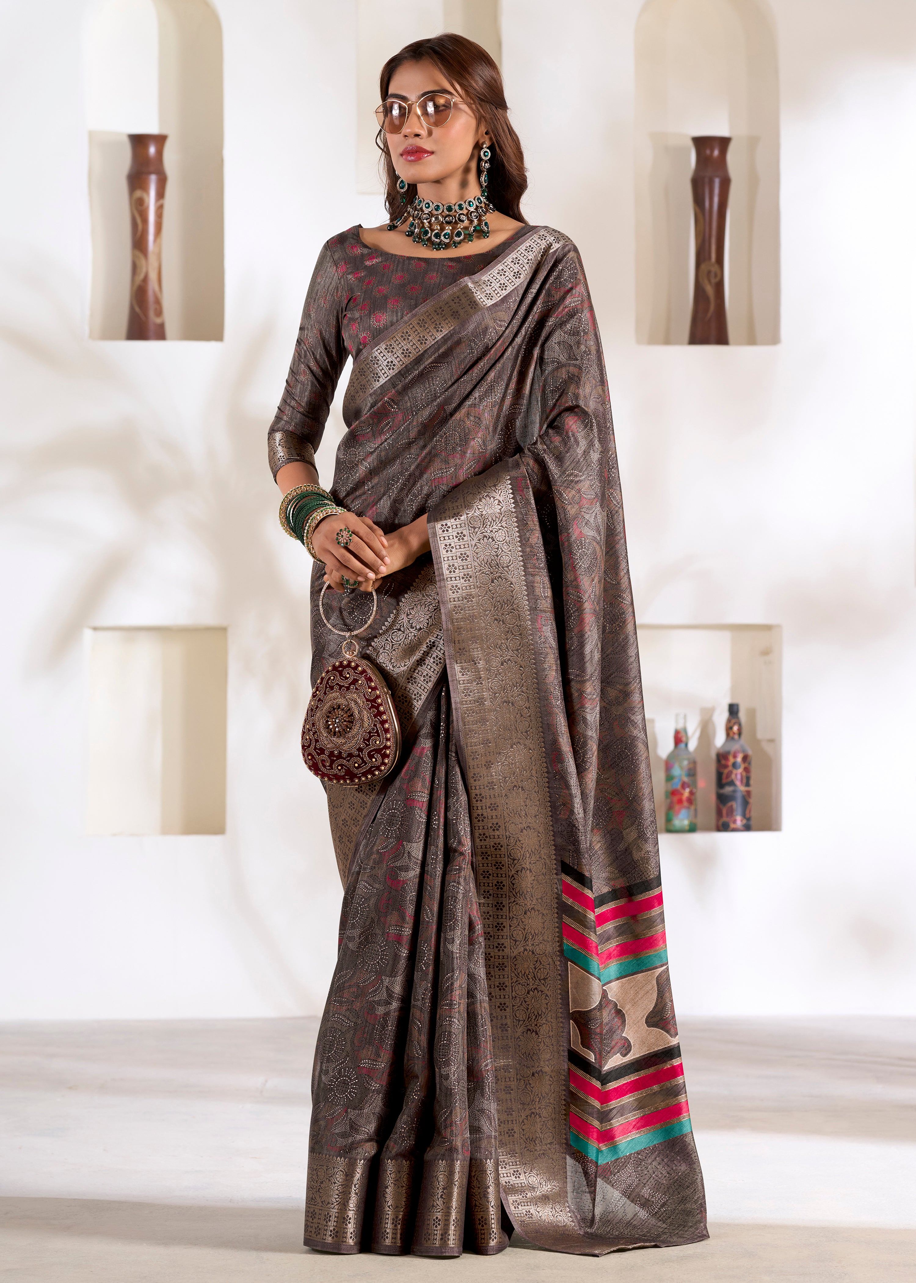 Brown Soft Dola Silk Saree With  Foil Print With Jacquard Woven Work