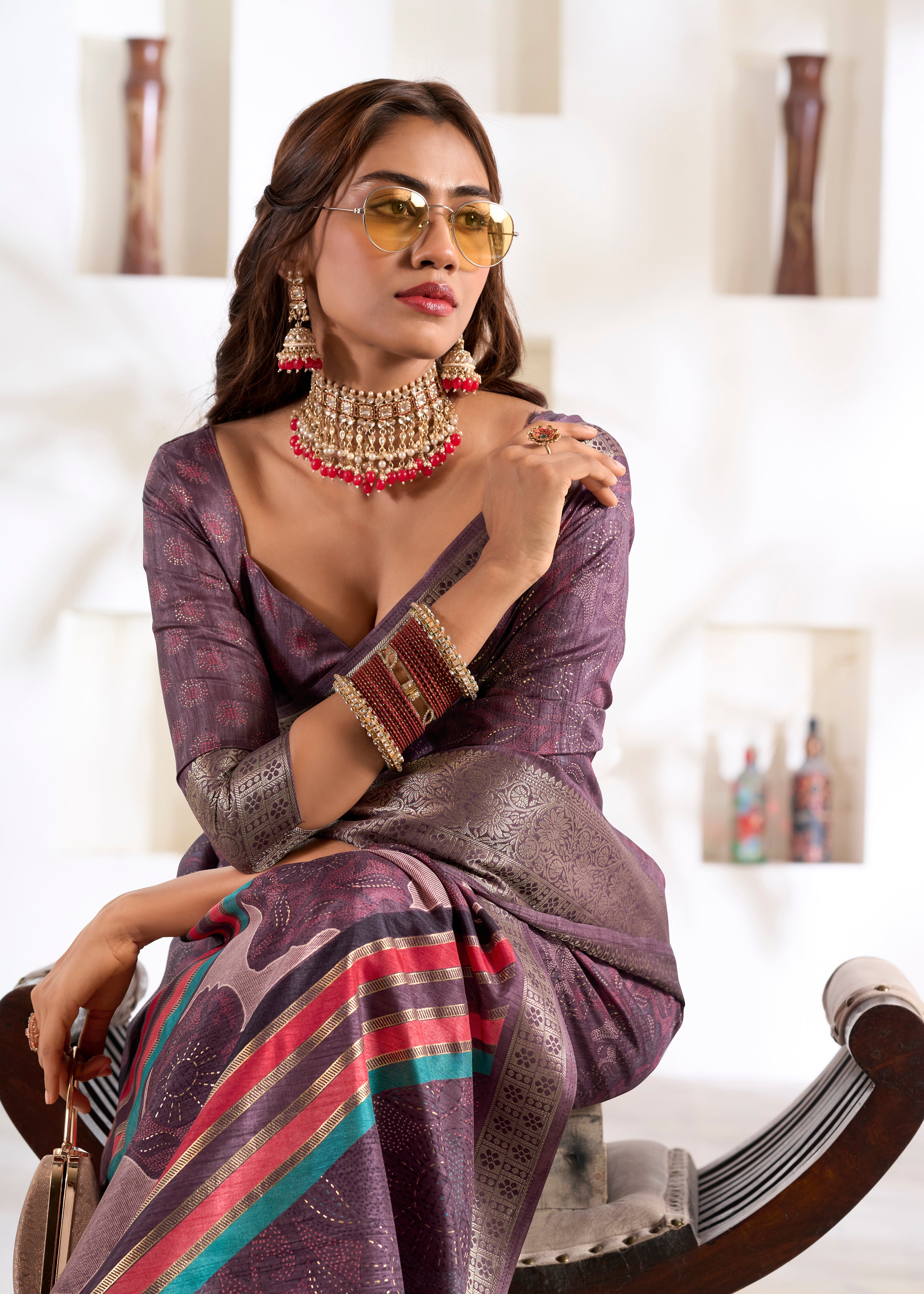 Brown Soft Dola Silk Saree With  Foil Print With Jacquard Woven Work