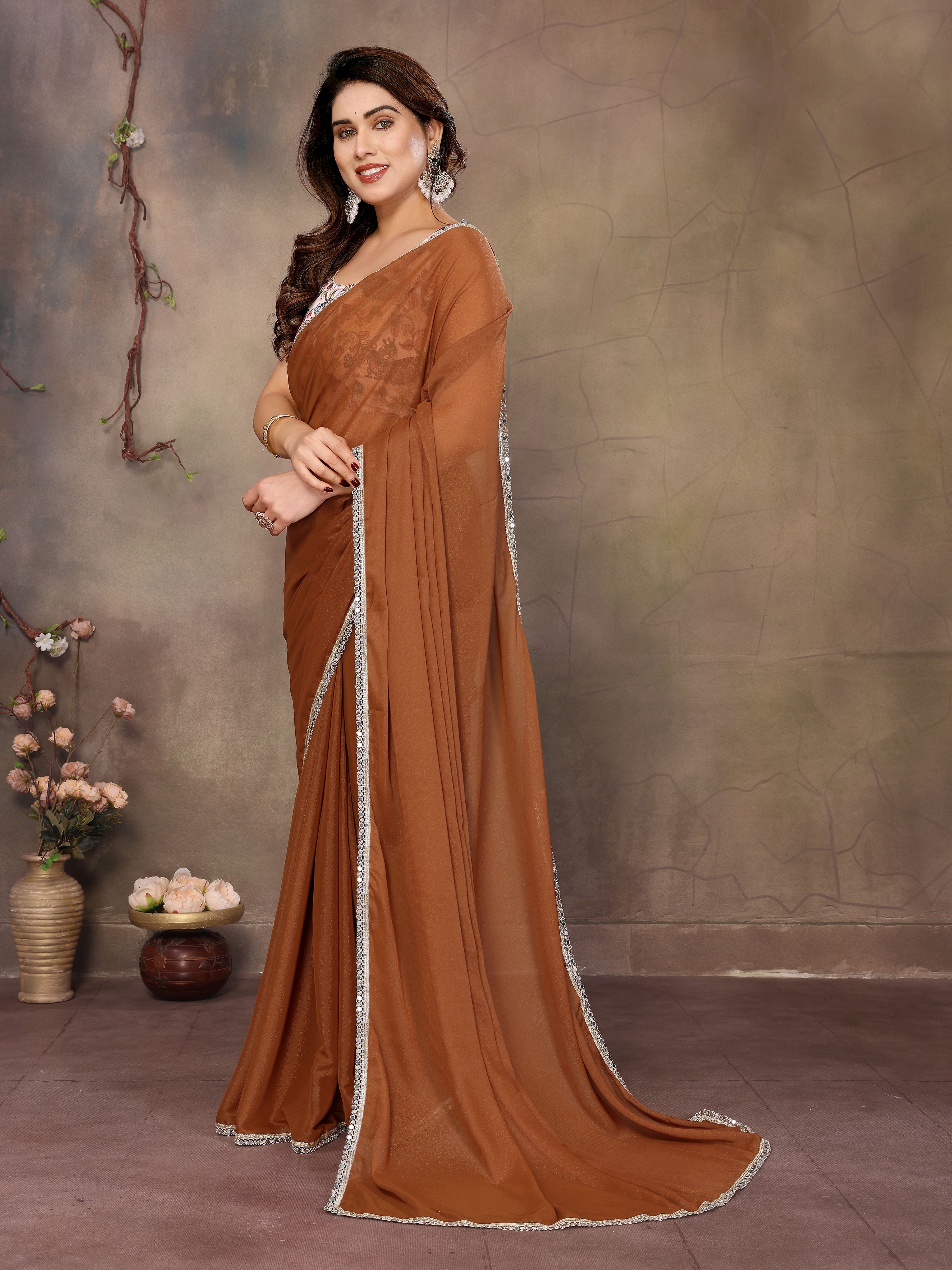 Brown Solid Fancy Ethnic Saree For Ceremonial Girlie Looks