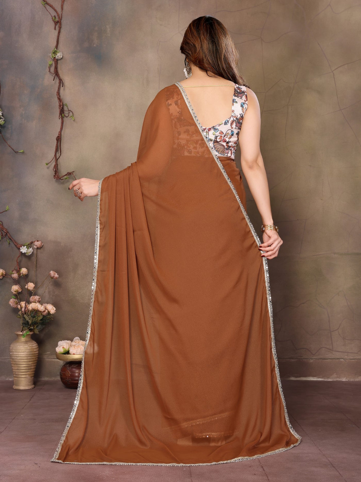 Brown Star Georgette Saree With Mirror Border Design