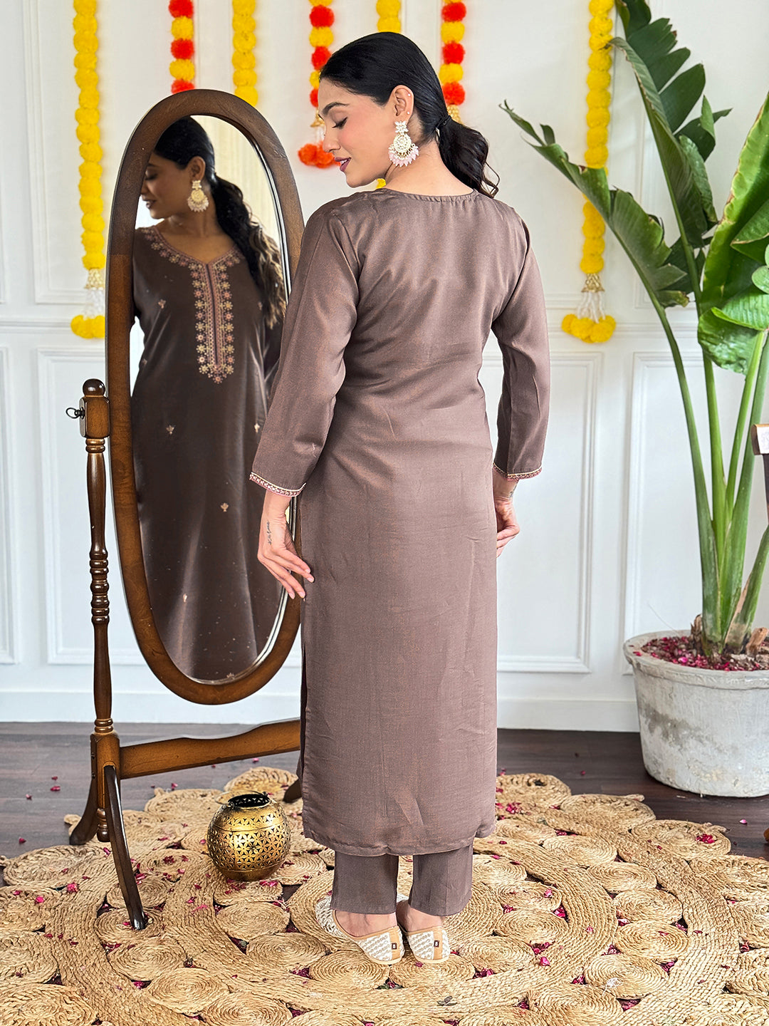 Brown Viscose Chanderi Kurta Pant With Embroidery Work And Printed Dupatta