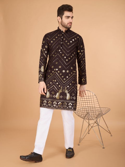 Brown Viscose Rayon Thread & Sequins Embroidery Ceremonial Kurta