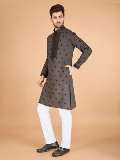 Brown Viscose Silk Ethnic Kurta with Dupatta for Ceremonial Look