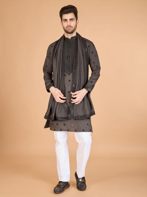 Brown Viscose Silk Ethnic Kurta with Dupatta for Ceremonial Look