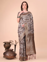 Brown Woven Jacquard Designer With Floral Printed Cotton Ceremonial Saree