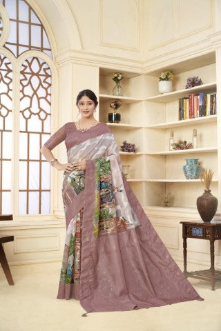 Brown Woven Jacquard Designer With Printed Rich Silk Stylish Ceremonial Saree