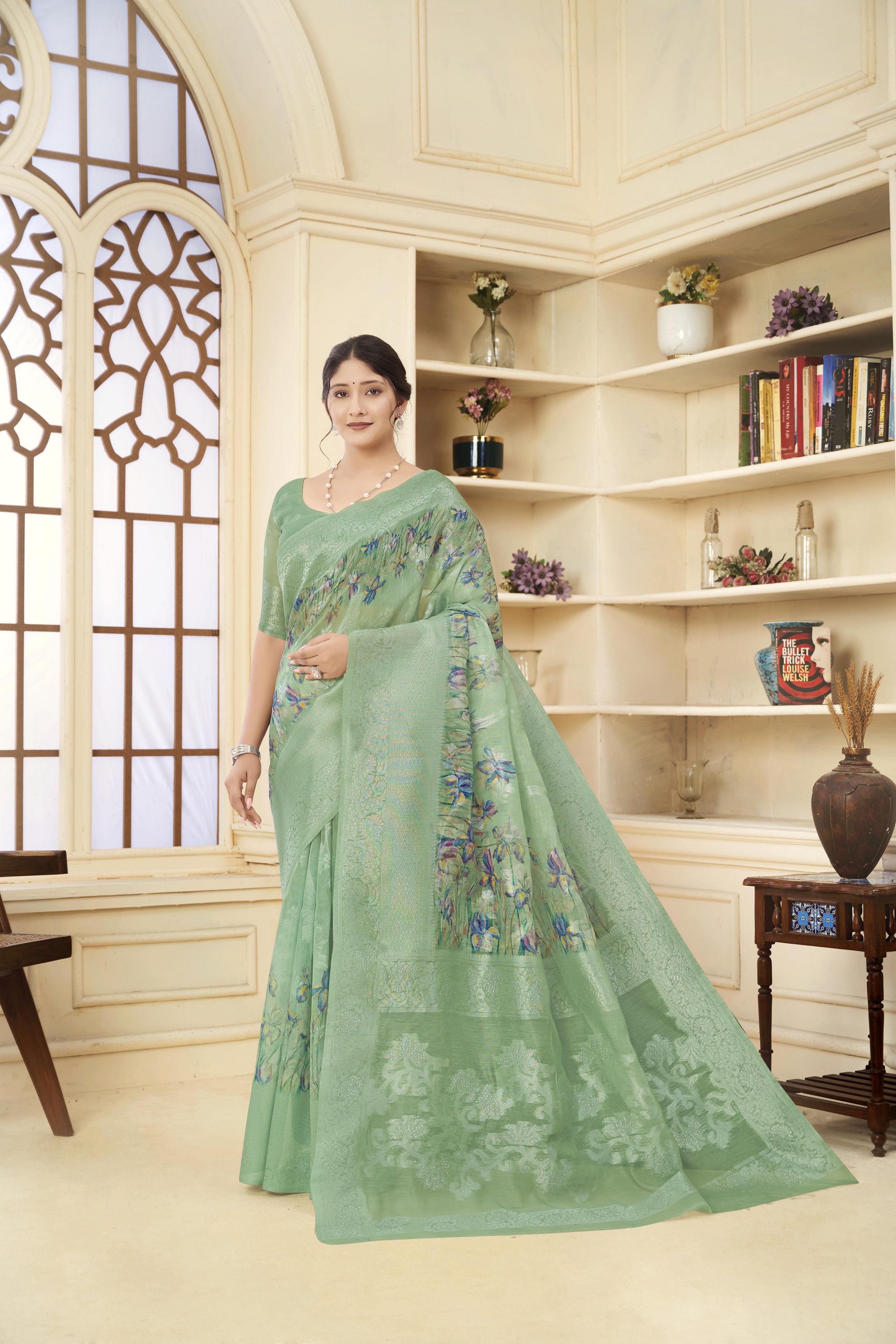 Green Woven Jacquard Designer With Printed Rich Silk Stylish Ceremonial Saree
