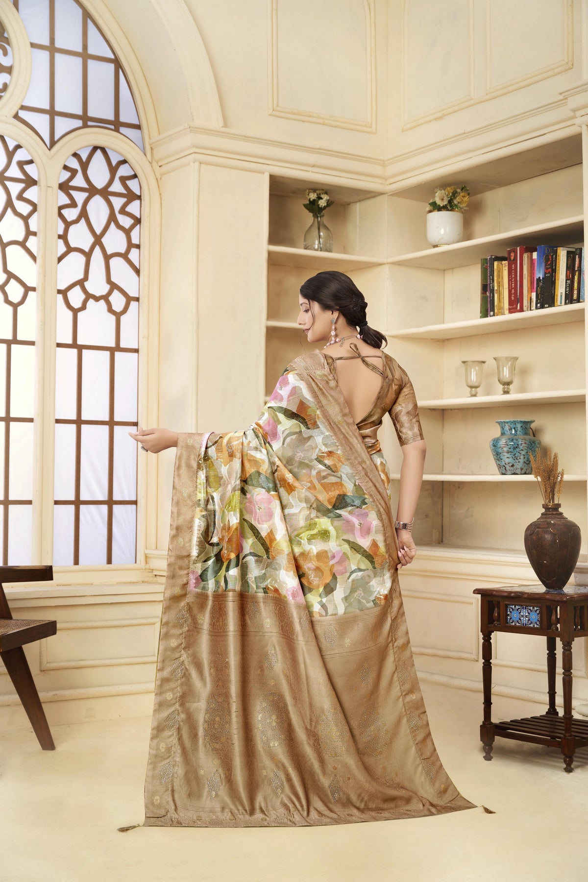 Brown Woven Jacquard Designer With Printed Rich Silk Stylish Ceremonial Saree