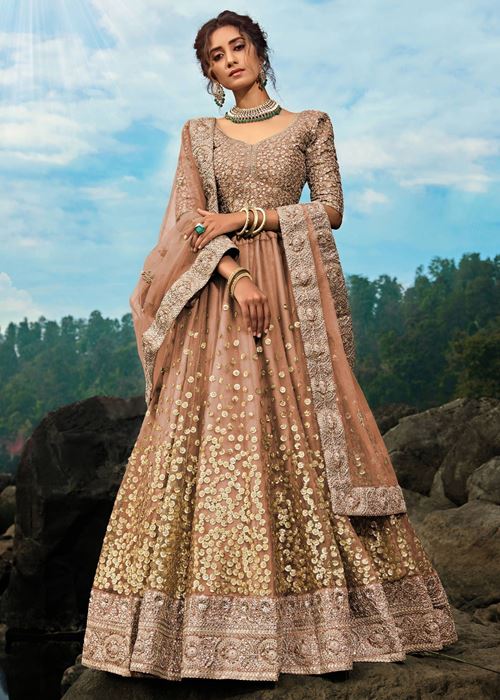 Brown Zari Worked Soft Net Wedding Wear Lehenga Choli