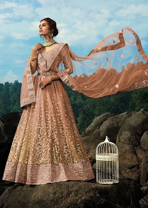 Brown Zari Worked Soft Net Wedding Wear Lehenga Choli