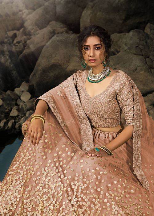 Brown Zari Worked Soft Net Wedding Wear Lehenga Choli