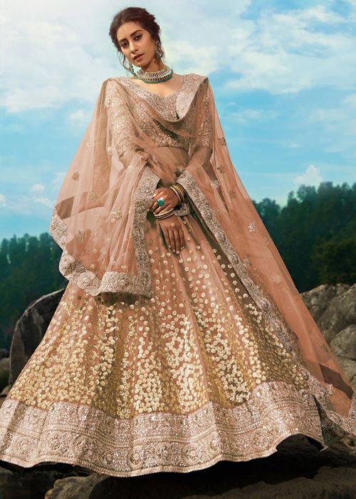 Brown Zari Worked Soft Net Wedding Wear Lehenga Choli