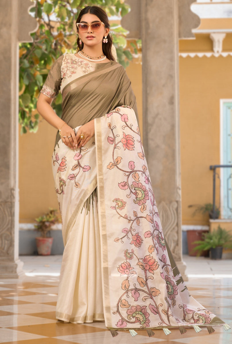 Brown & Cream Saree With  Print