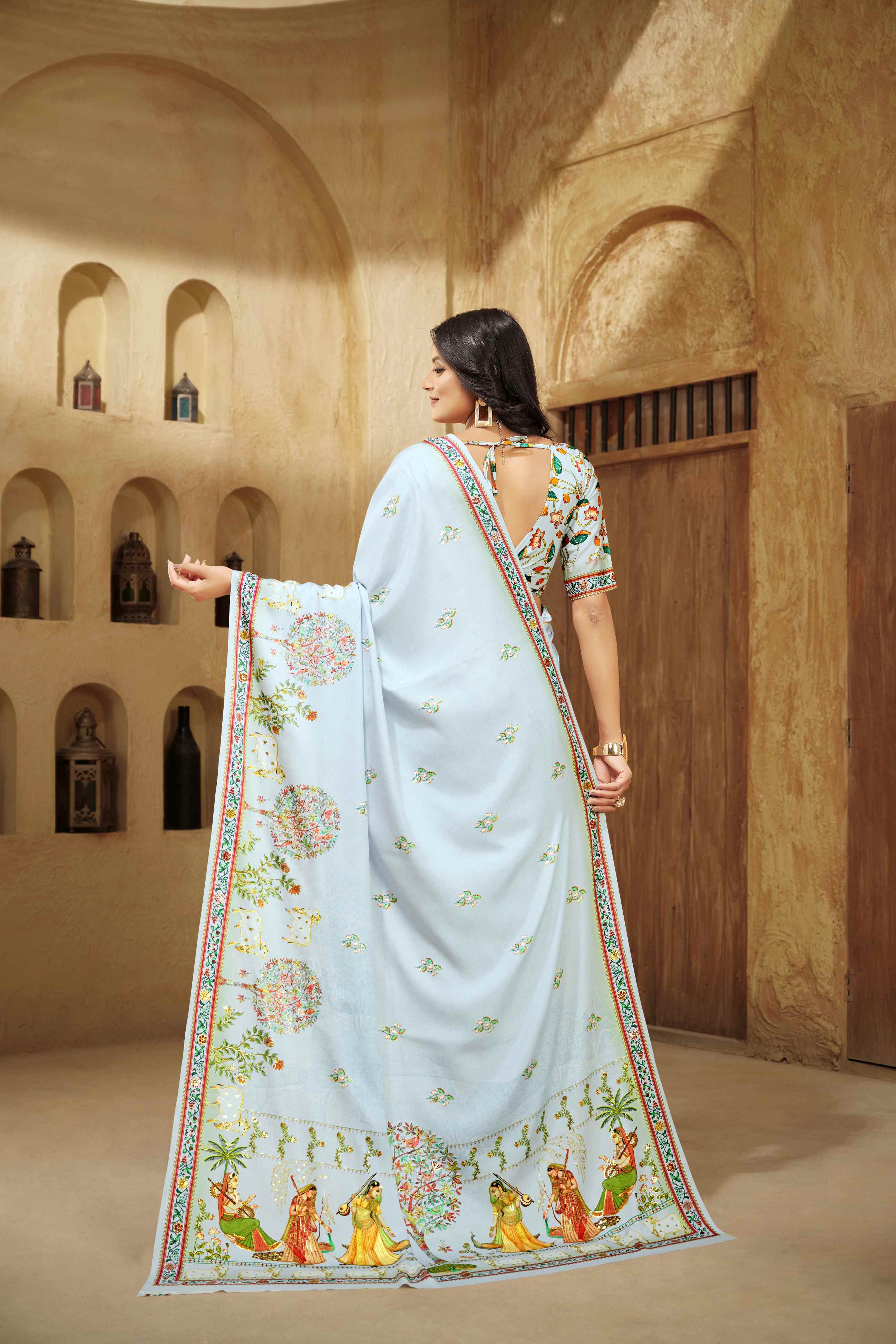 Bubble Gum Blue Beautiful Designer Position Digital Foil Printed Crepe Silk Designer Partywear Saree